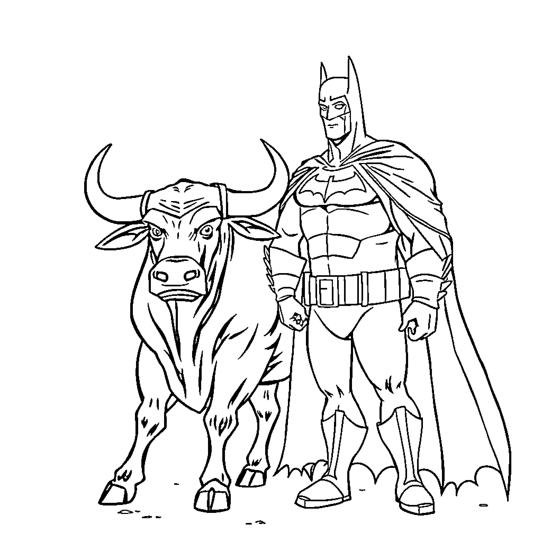Toro the Caped Crusader and his Bovine Companion Coloring Page (free black-and-white line drawing printable PDF for all, from beginners to advanced learners, including children, teens, adults, and seniors)