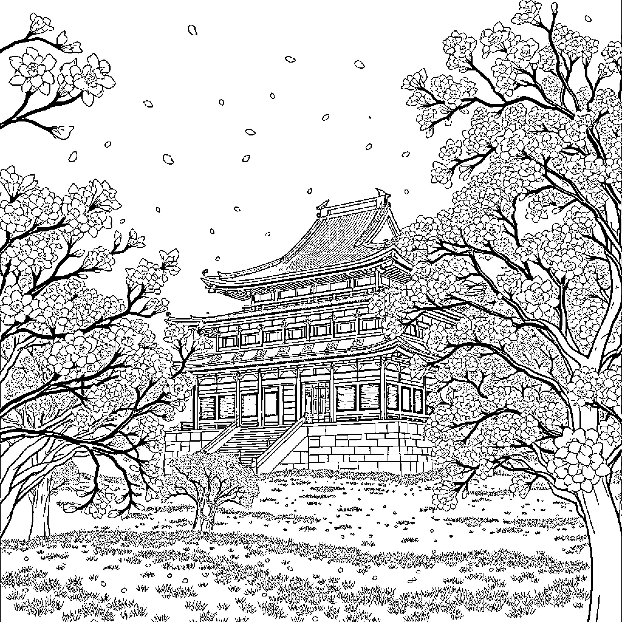 Temple in the Blooming Spring Garden Coloring Page (free black-and-white line drawing printable PDF for all, from beginners to advanced learners, including children, teens, adults, and seniors)