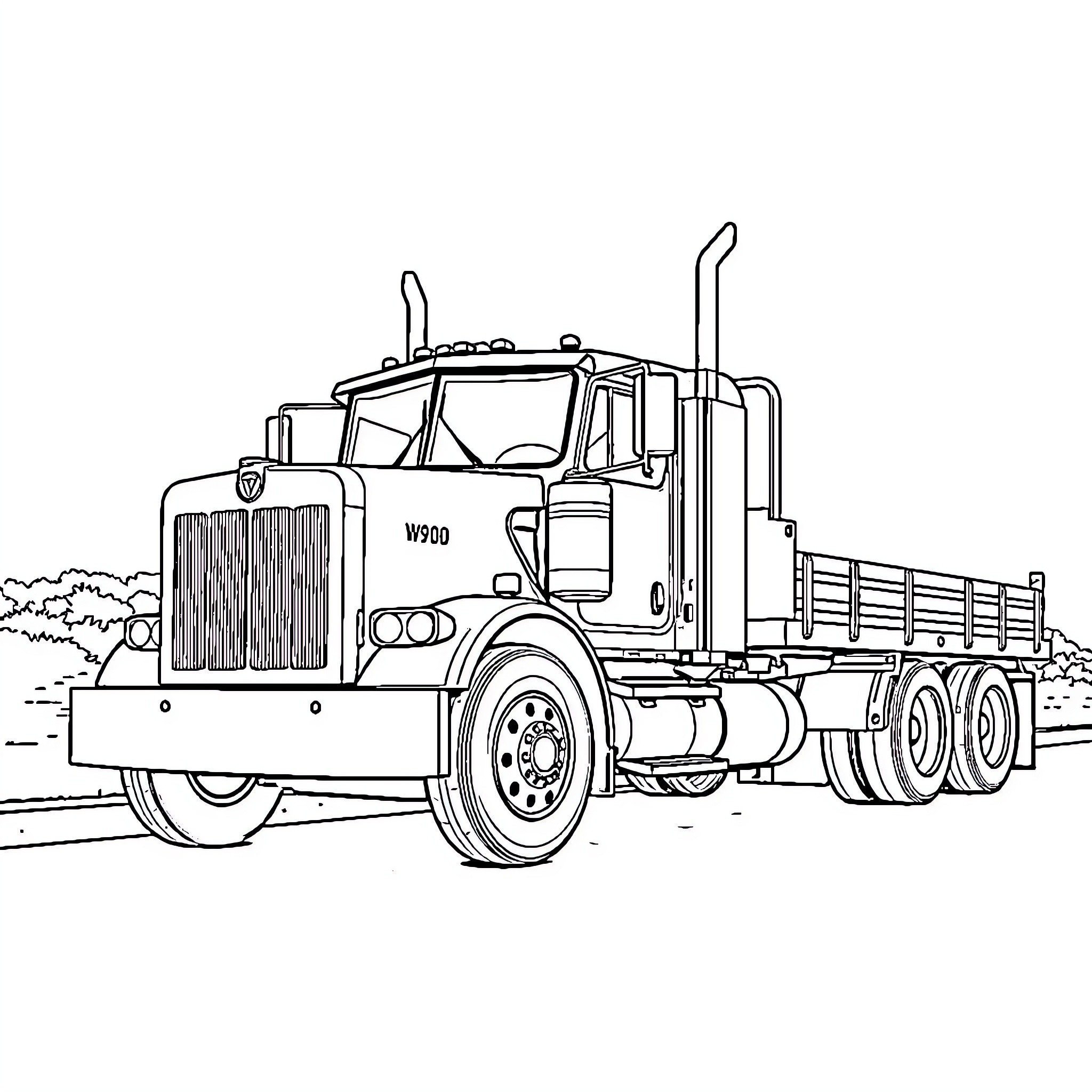 Kenworth semi-truck with cargo transporting on rural road Coloring Page (free black-and-white line drawing printable PDF for all, from beginners to advanced learners, including children, teens, adults, and seniors)
