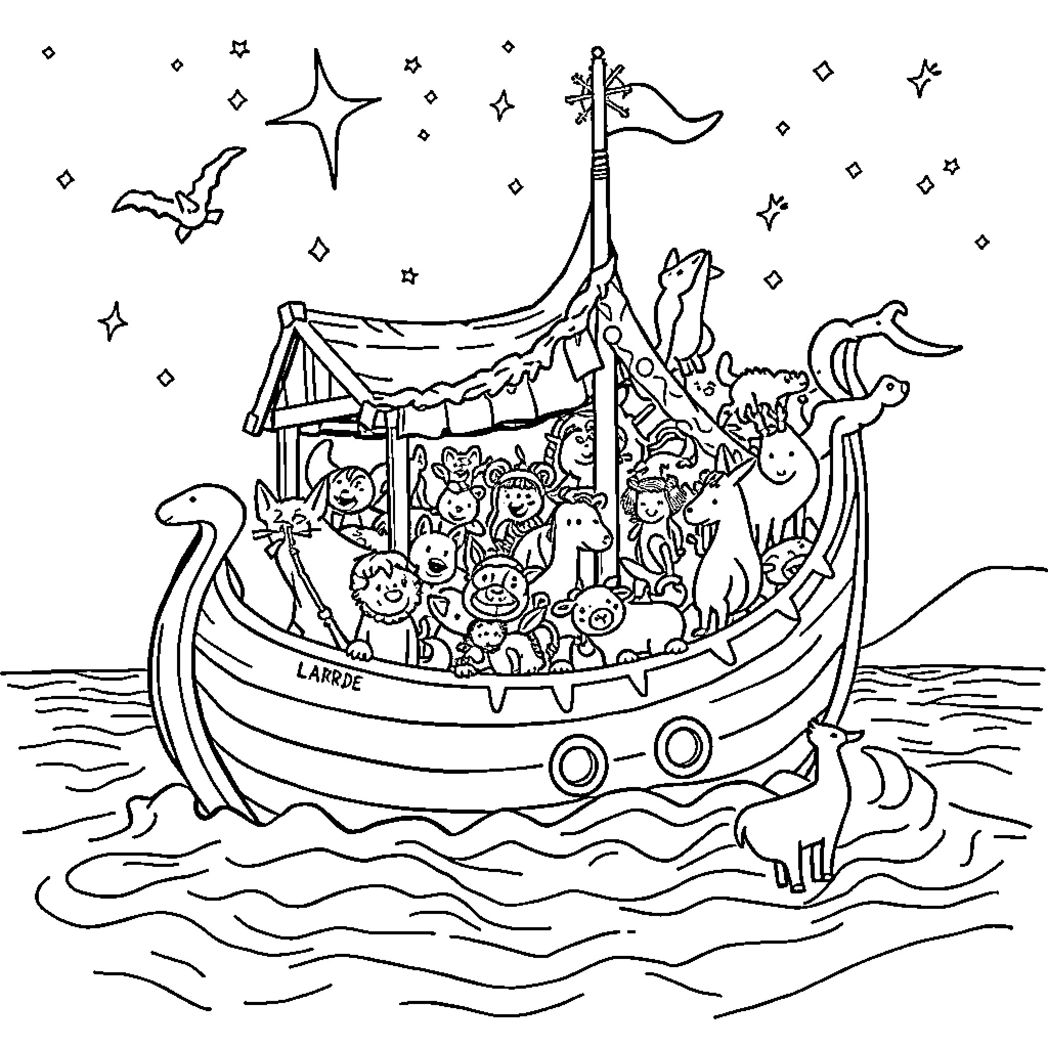 Noah's Ark with Diverse Animals and Passengers Coloring Page (free black-and-white line drawing printable PDF for all, from beginners to advanced learners, including children, teens, adults, and seniors)