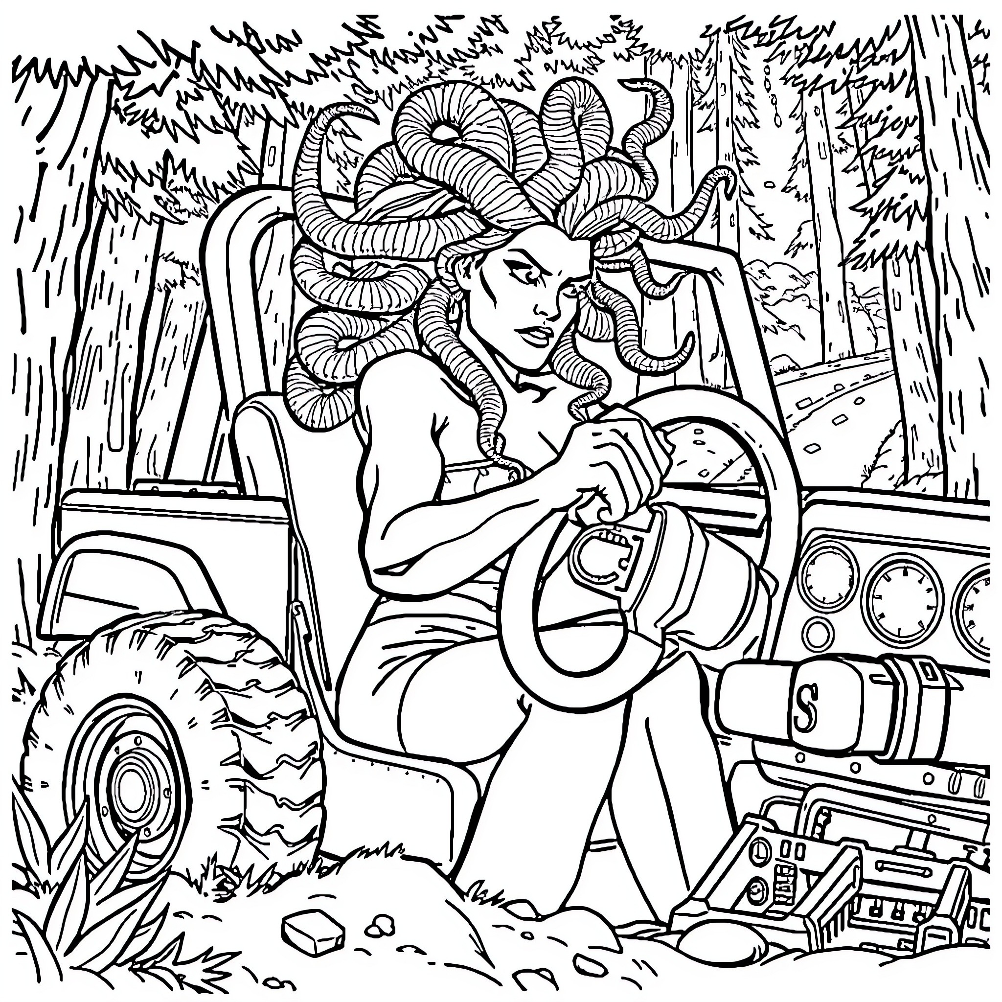 Medusa's off-road adventure with her snakes Coloring Page (free black-and-white line drawing printable PDF for all, from beginners to advanced learners, including children, teens, adults, and seniors)
