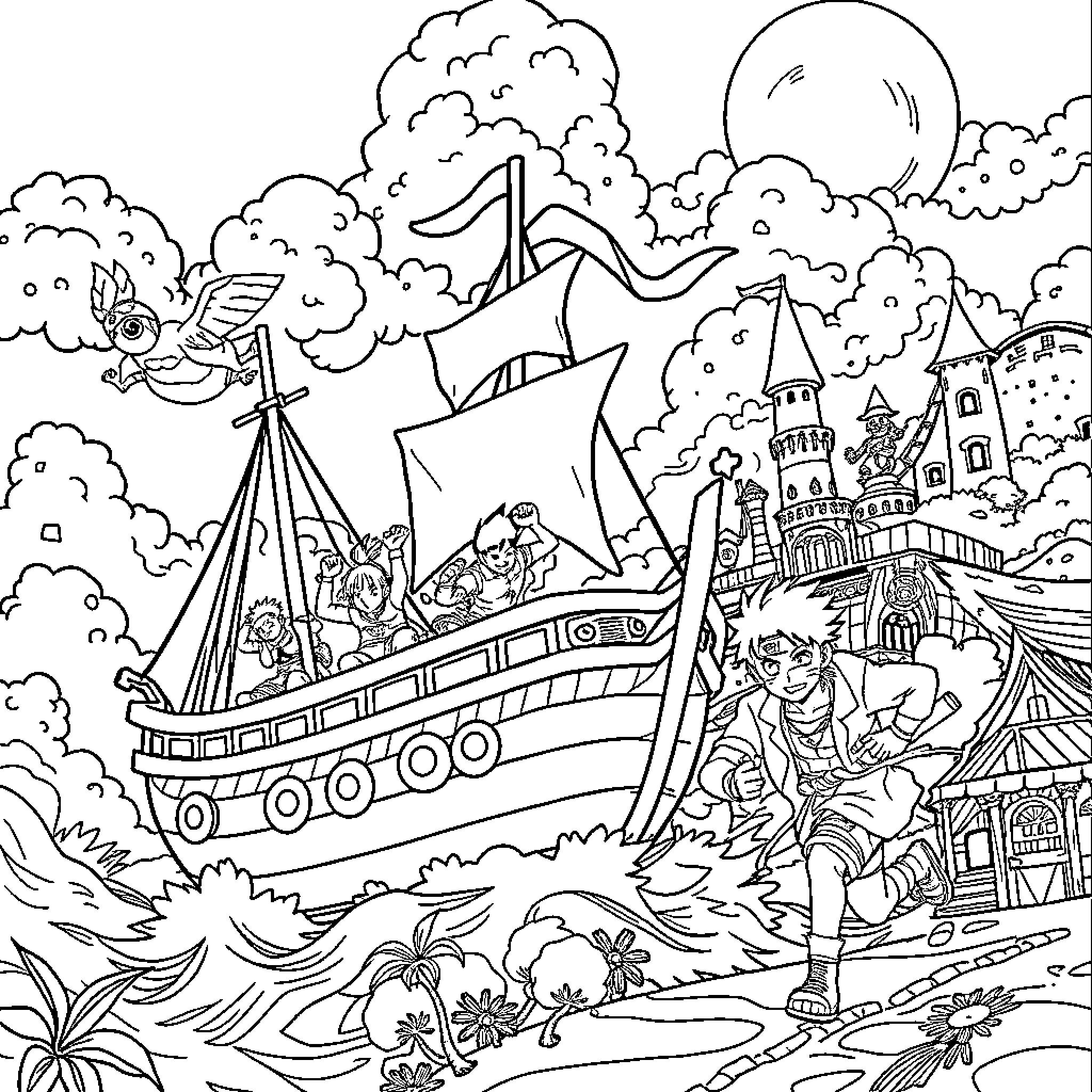 Anime Fantasy Adventure on the High Seas Coloring Page (free black-and-white line drawing printable PDF for all, from beginners to advanced learners, including children, teens, adults, and seniors)
