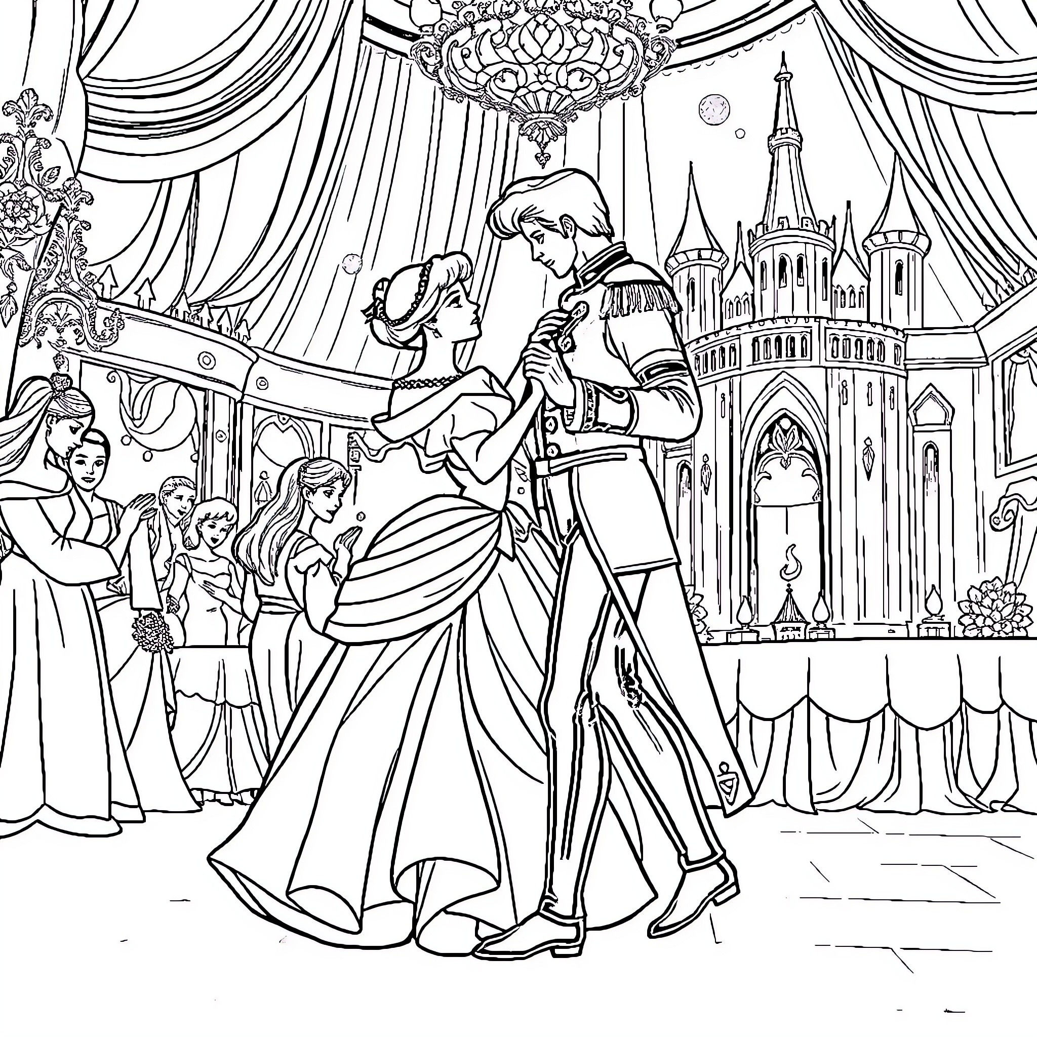 Cinderella's Enchanting Ball at the Royal Palace Coloring Page (free black-and-white line drawing printable PDF for all, from beginners to advanced learners, including children, teens, adults, and seniors)