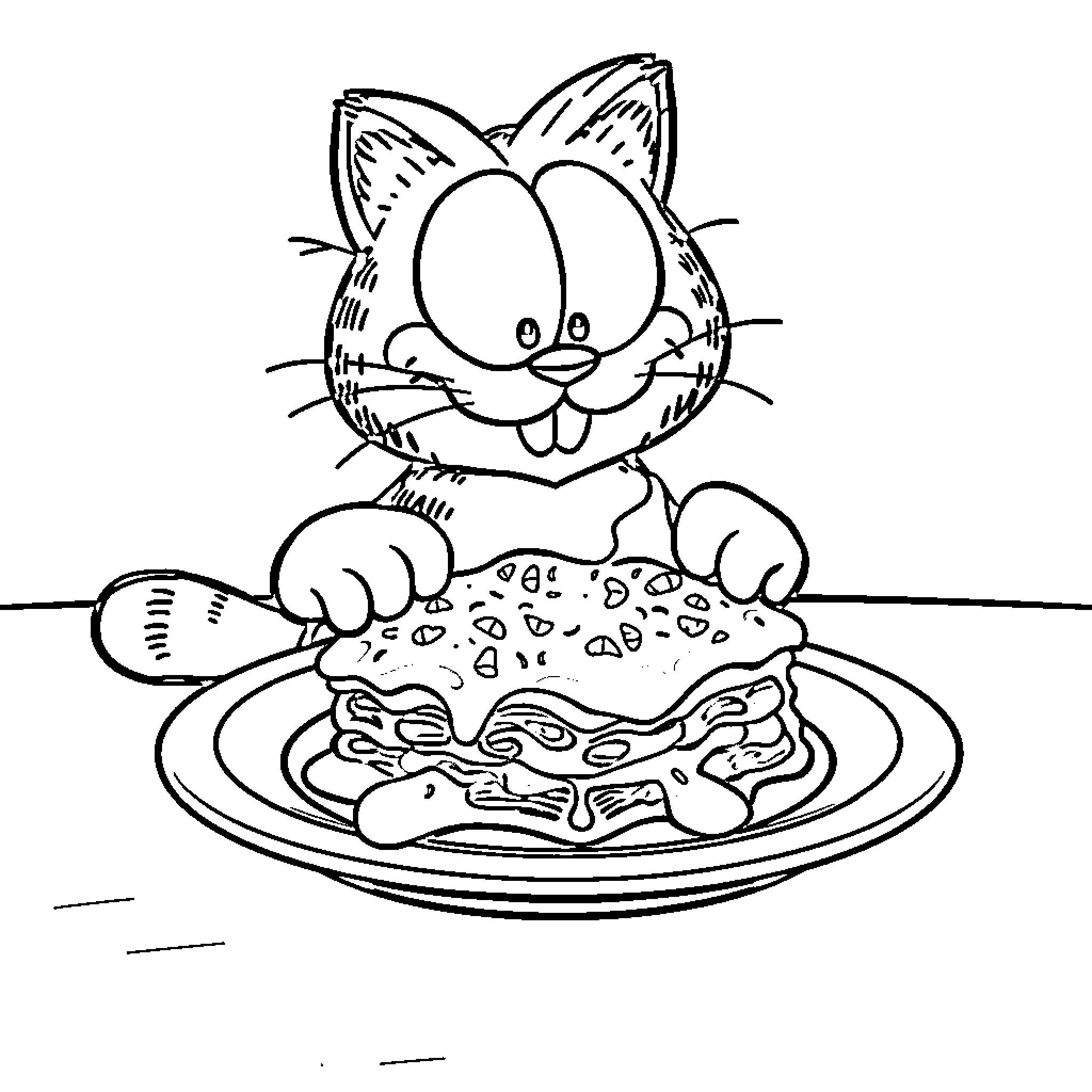 Garfield eating a delicious meal Coloring Page (free black-and-white line drawing printable PDF for all, from beginners to advanced learners, including children, teens, adults, and seniors)
