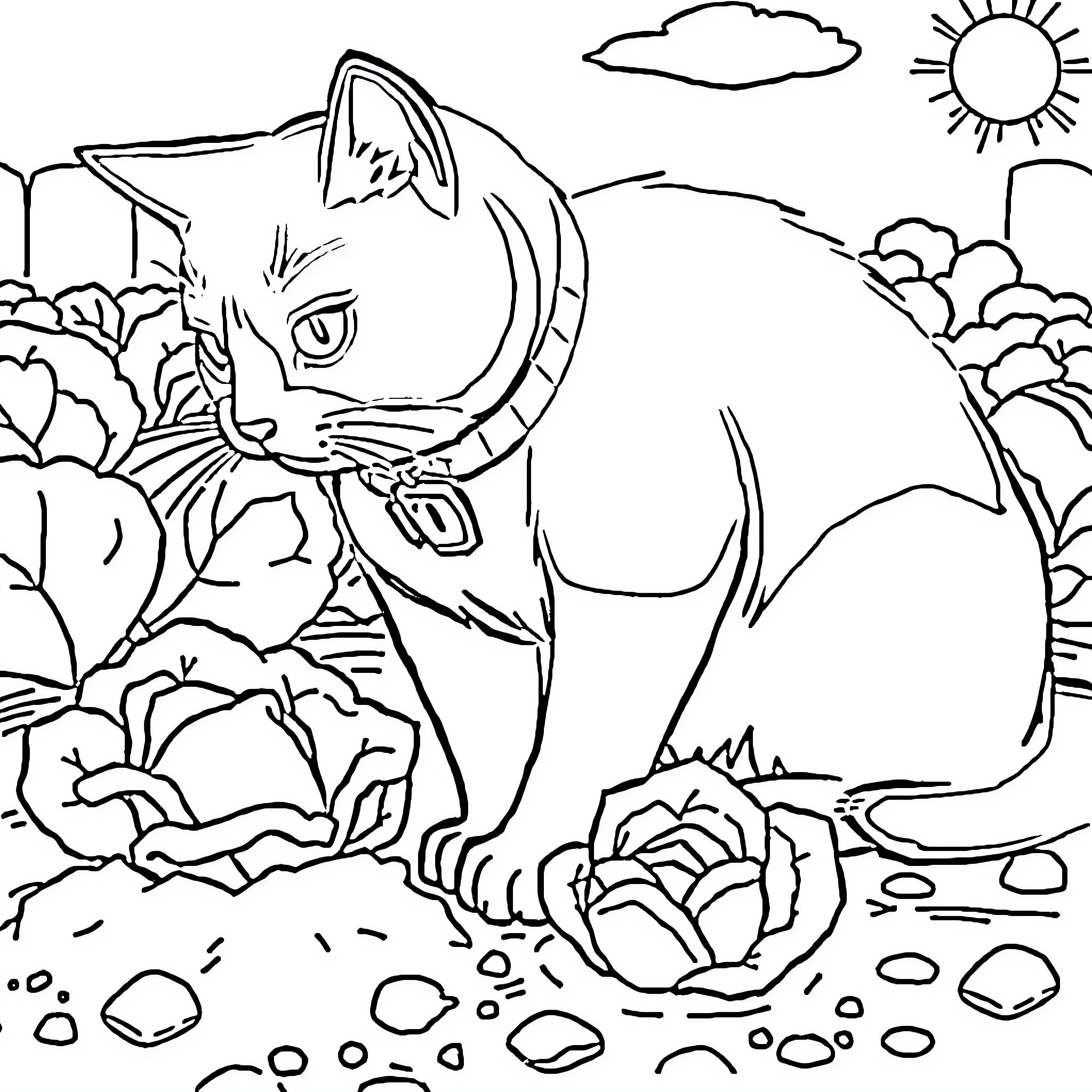 Cat exploring a vibrant natural scene Coloring Page (free black-and-white line drawing printable PDF for all, from beginners to advanced learners, including children, teens, adults, and seniors)