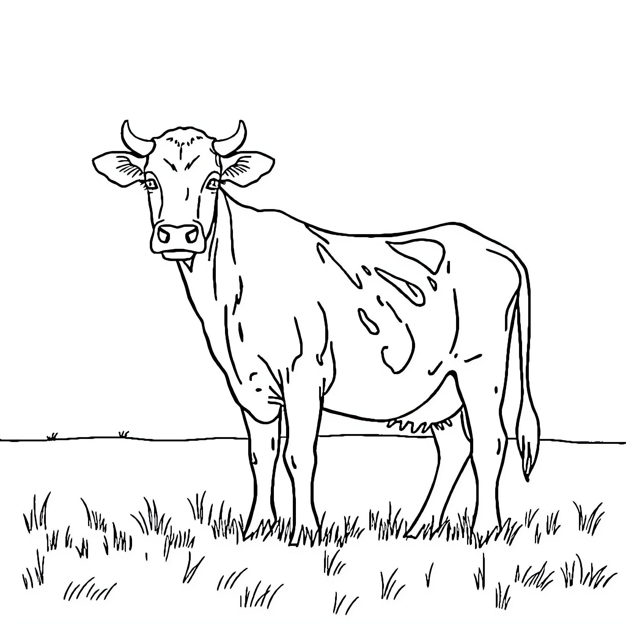 Cow standing in a grassy field Coloring Page (free black-and-white line drawing printable PDF for all, from beginners to advanced learners, including children, teens, adults, and seniors)