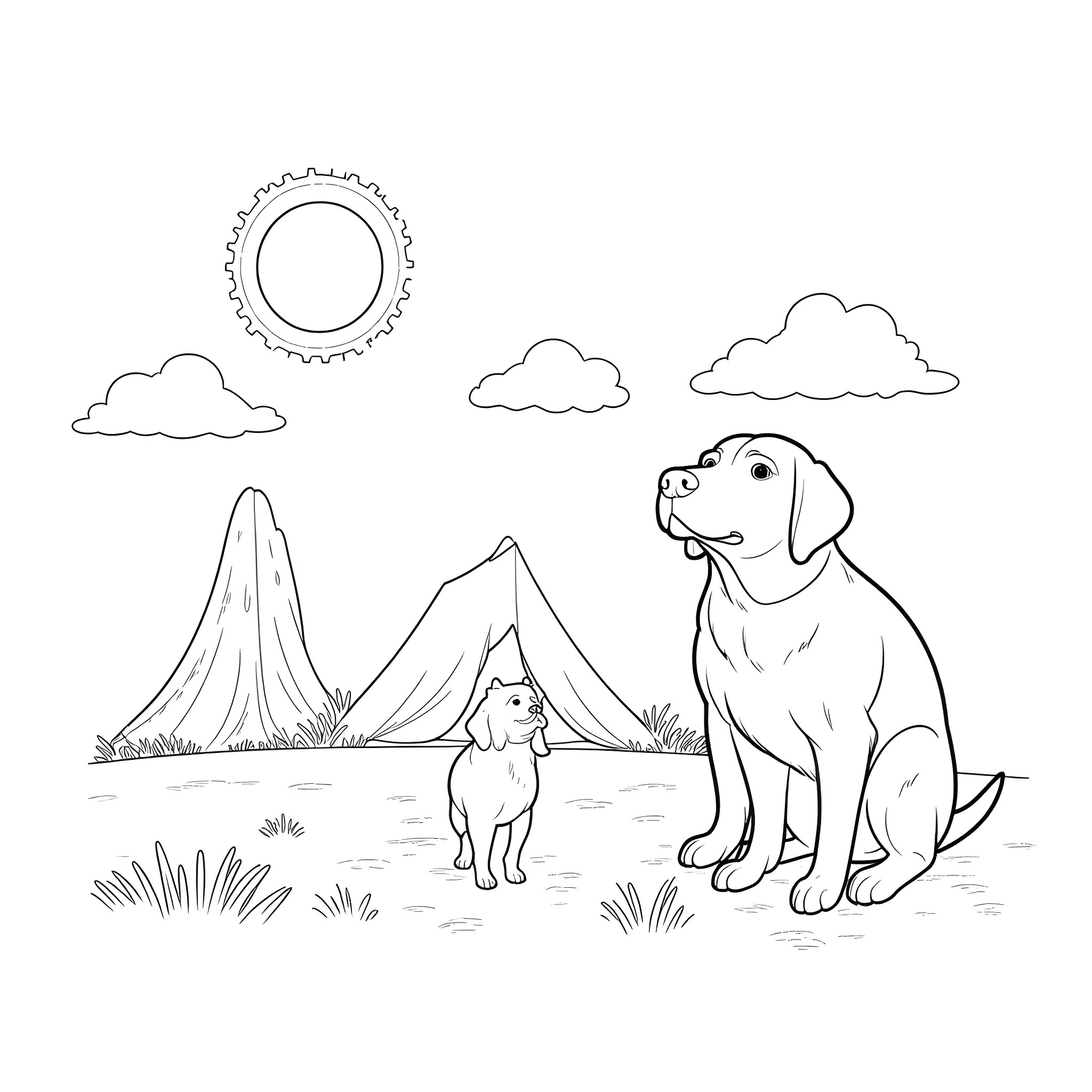 Labrador and companion exploring the outdoors Coloring Page (free black-and-white line drawing printable PDF for all, from beginners to advanced learners, including children, teens, adults, and seniors)