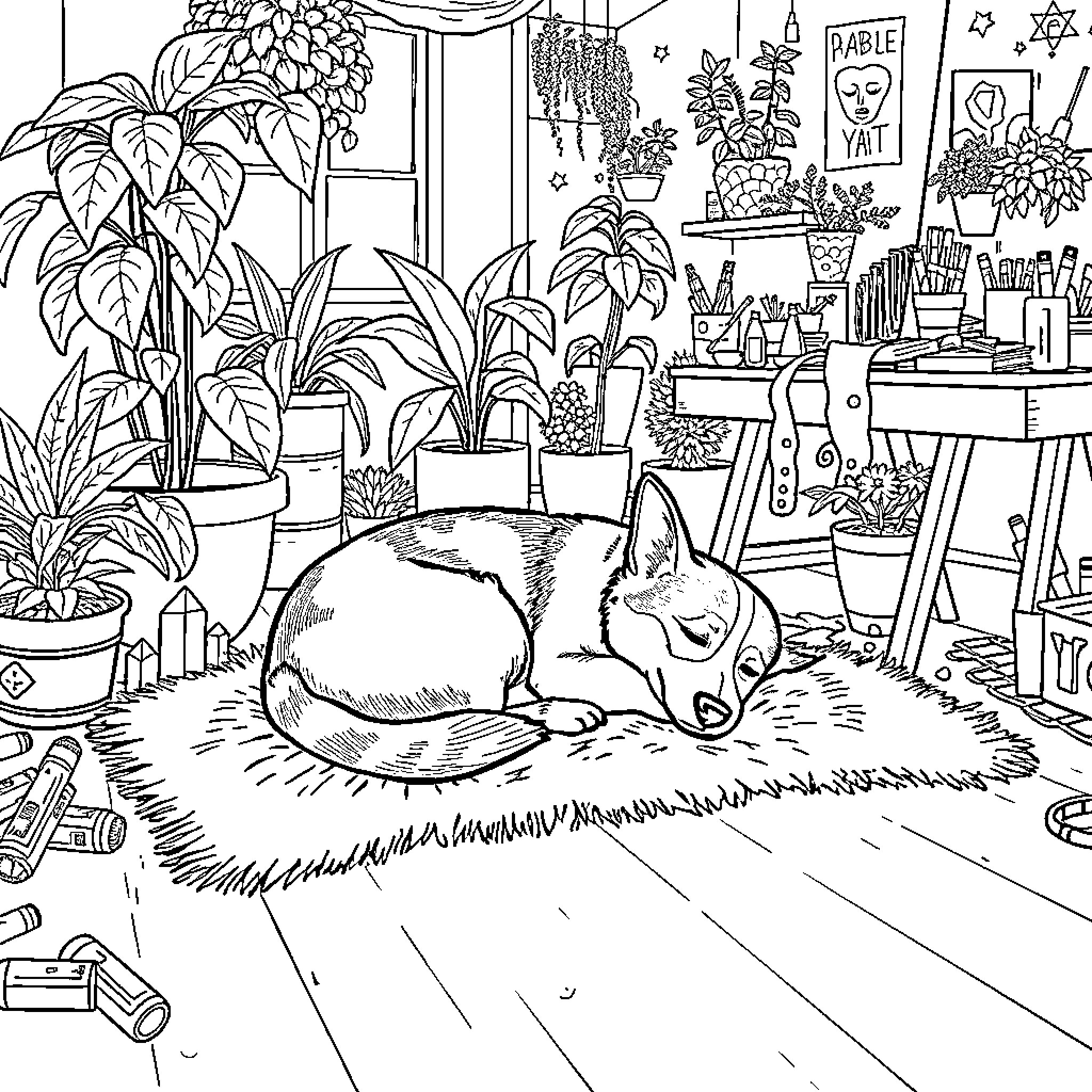 Corgi sleeping peacefully in a cozy room filled with plants Coloring Page (free black-and-white line drawing printable PDF for all, from beginners to advanced learners, including children, teens, adults, and seniors)