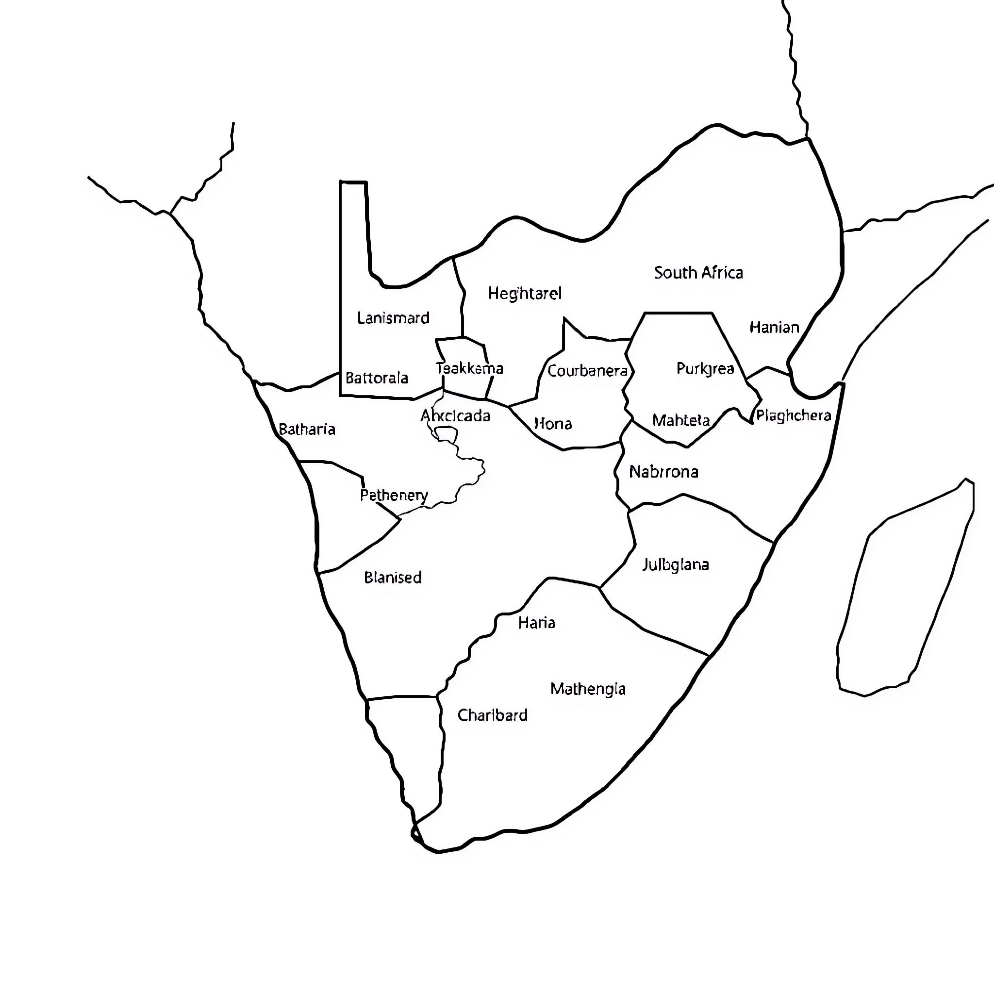 Map of geographic features and regions in South Africa Coloring Page (free black-and-white line drawing printable PDF for all, from beginners to advanced learners, including children, teens, adults, and seniors)