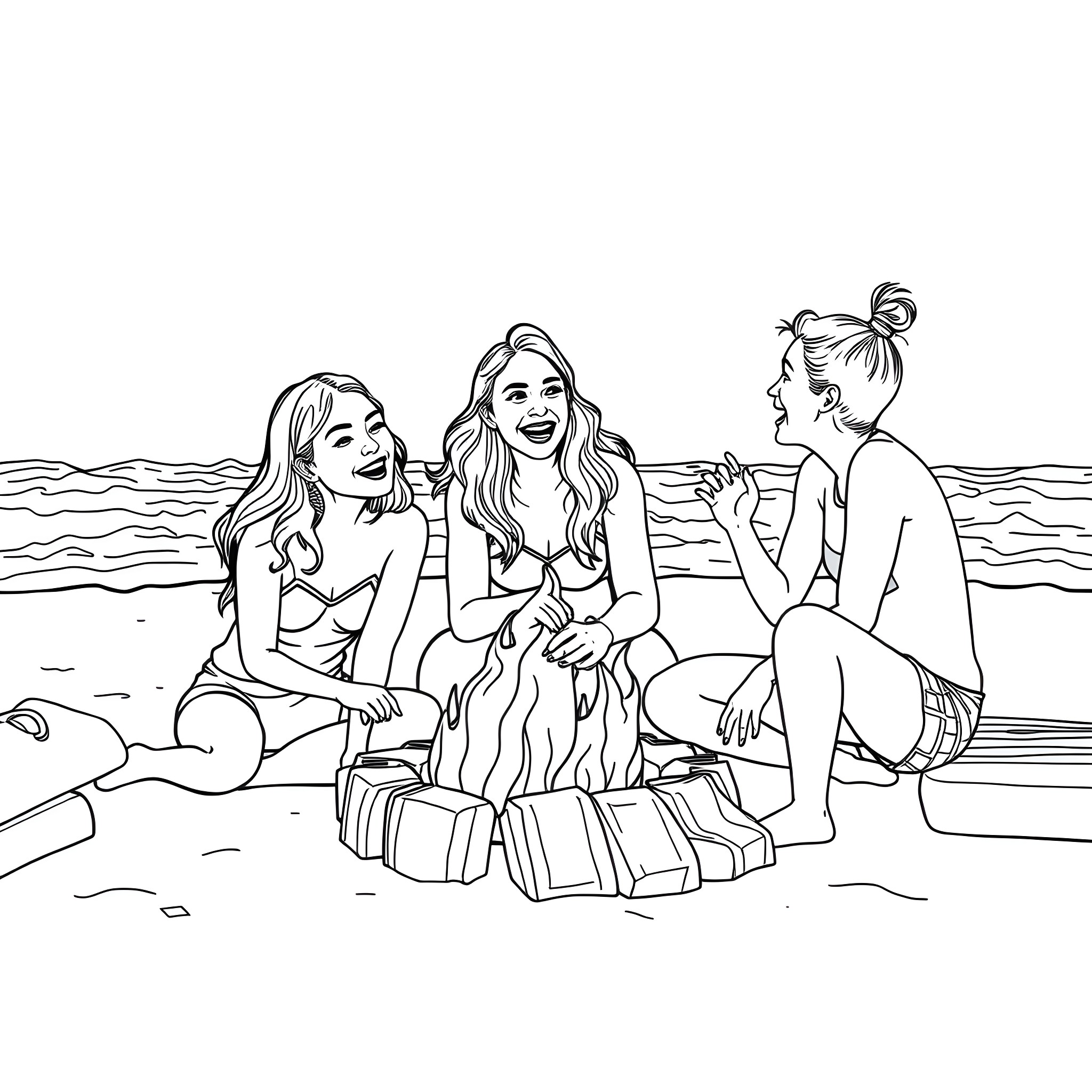 Girls enjoying time at the beach Coloring Page (free black-and-white line drawing printable PDF for all, from beginners to advanced learners, including children, teens, adults, and seniors)