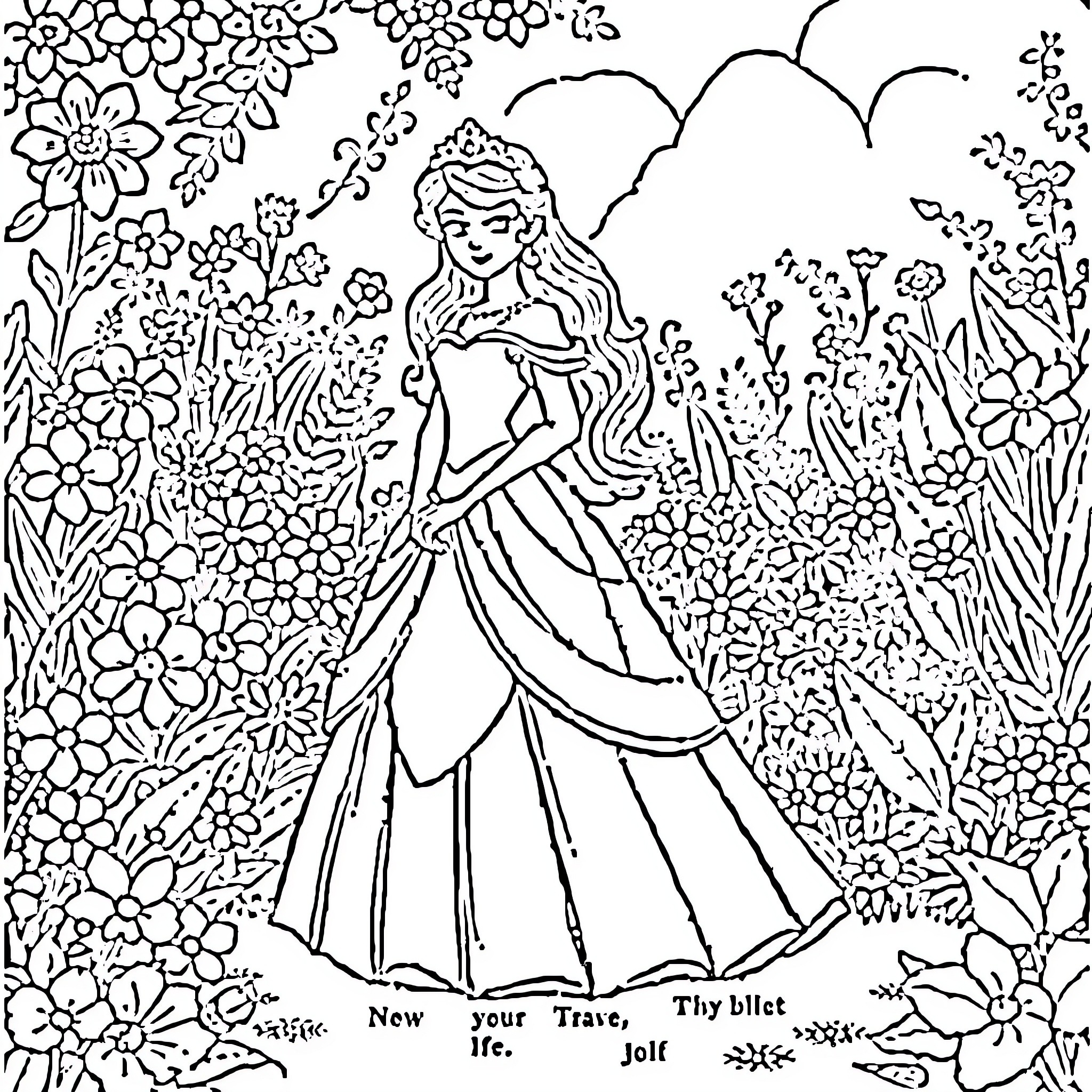 Princess in a Floral Garden Adventure Coloring Page (free black-and-white line drawing printable PDF for all, from beginners to advanced learners, including children, teens, adults, and seniors)