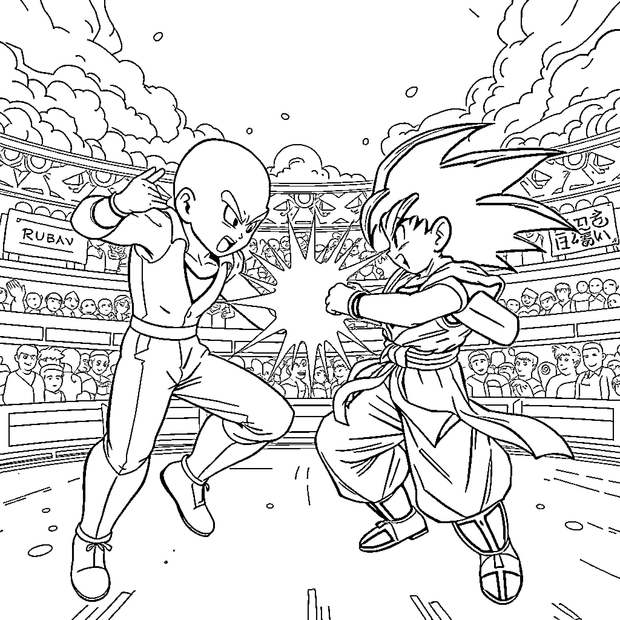 Saitama fighters clash in the arena Coloring Page (free black-and-white line drawing printable PDF for all, from beginners to advanced learners, including children, teens, adults, and seniors)