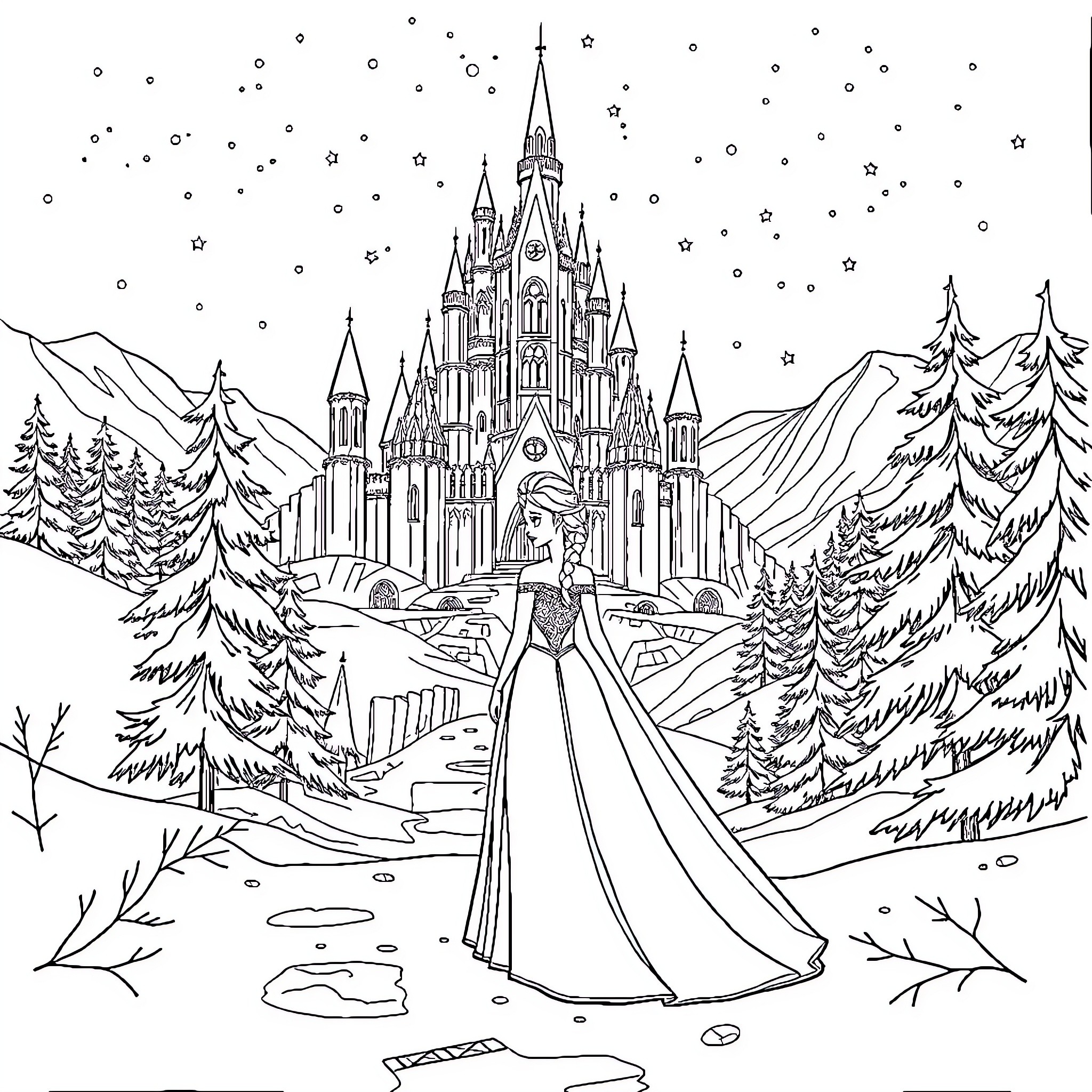Elsa's Enchanted Winter Castle Adventure Coloring Page (free black-and-white line drawing printable PDF for all, from beginners to advanced learners, including children, teens, adults, and seniors)