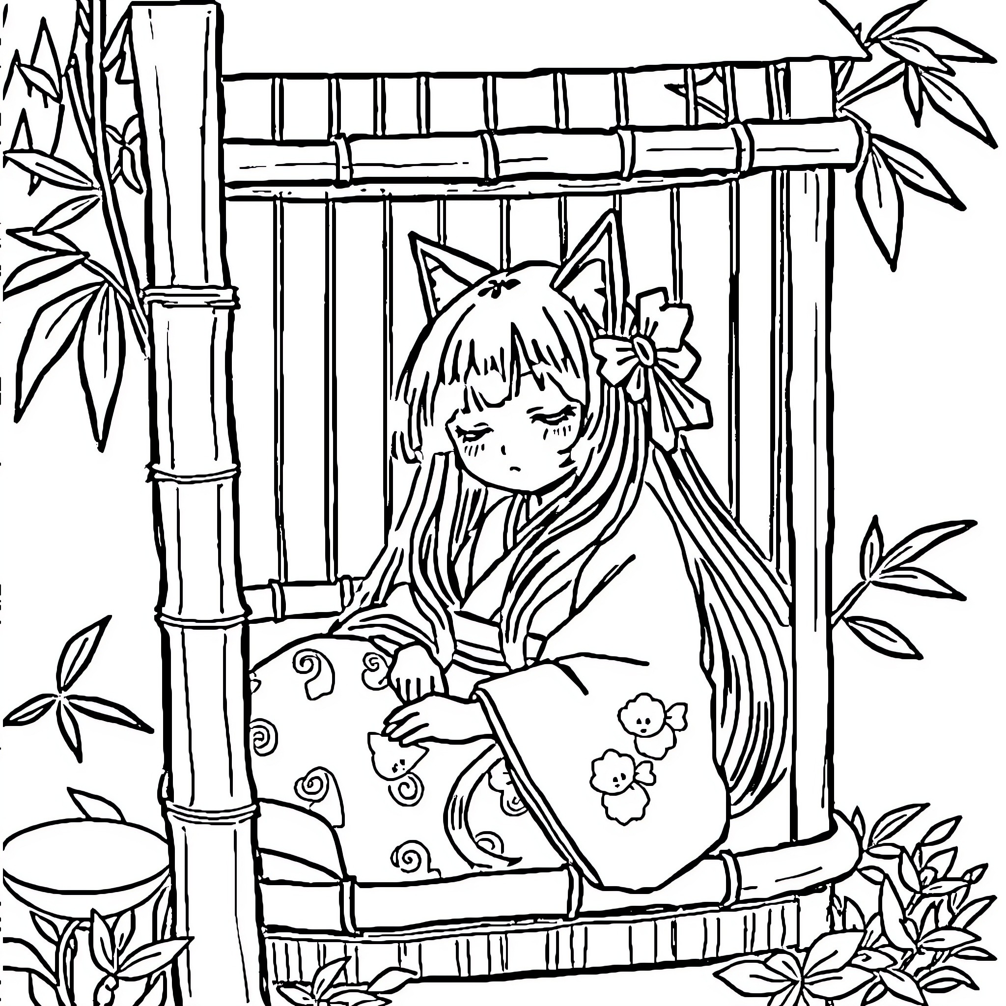 Nezuko resting in a bamboo frame surrounded by nature Coloring Page (free black-and-white line drawing printable PDF for all, from beginners to advanced learners, including children, teens, adults, and seniors)