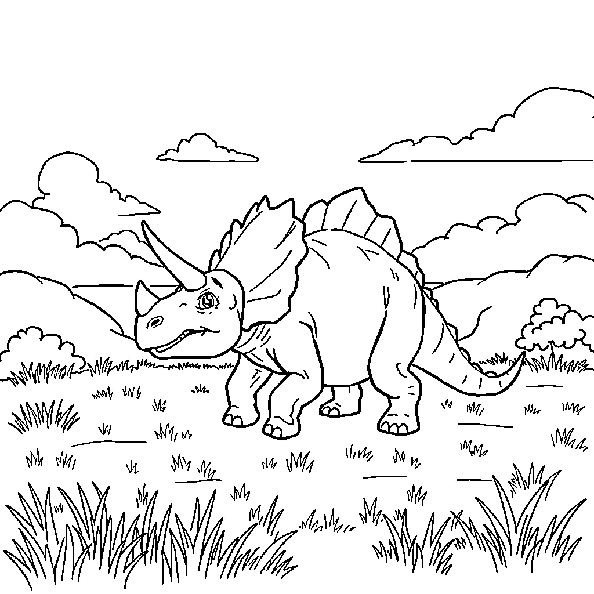 Triceratops roaming in the prehistoric landscape Coloring Page (free black-and-white line drawing printable PDF for all, from beginners to advanced learners, including children, teens, adults, and seniors)