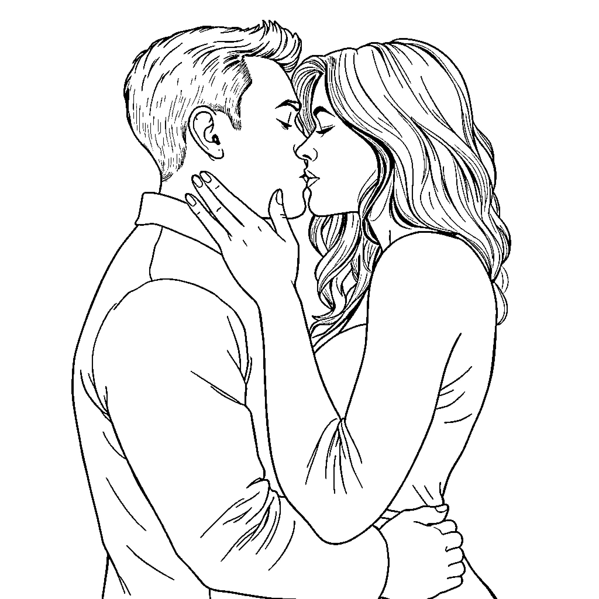 Woman in intimate embrace with man Coloring Page (free black-and-white line drawing printable PDF for all, from beginners to advanced learners, including children, teens, adults, and seniors)