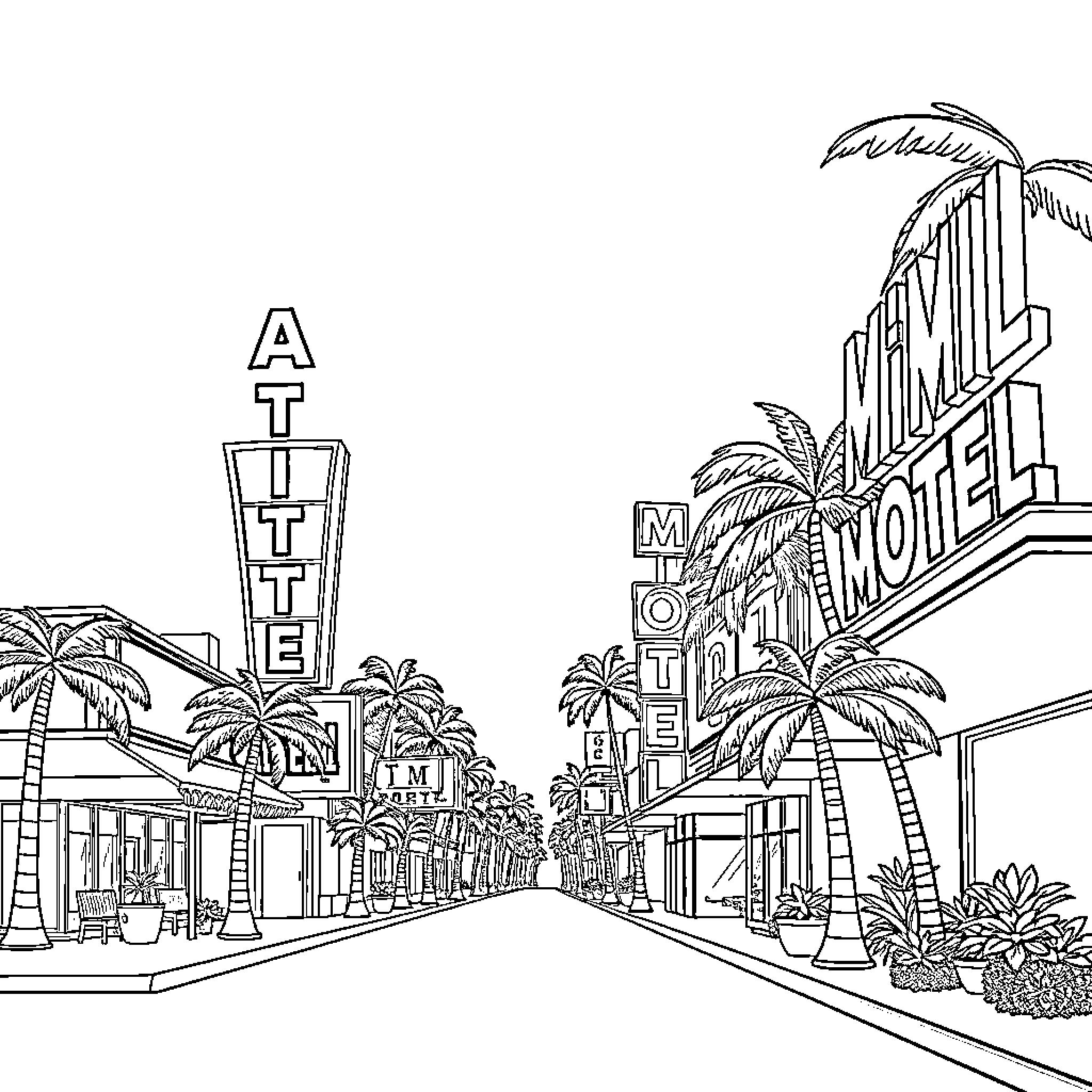 Hotel in a Bustling City with Palm Trees Coloring Page (free black-and-white line drawing printable PDF for all, from beginners to advanced learners, including children, teens, adults, and seniors)