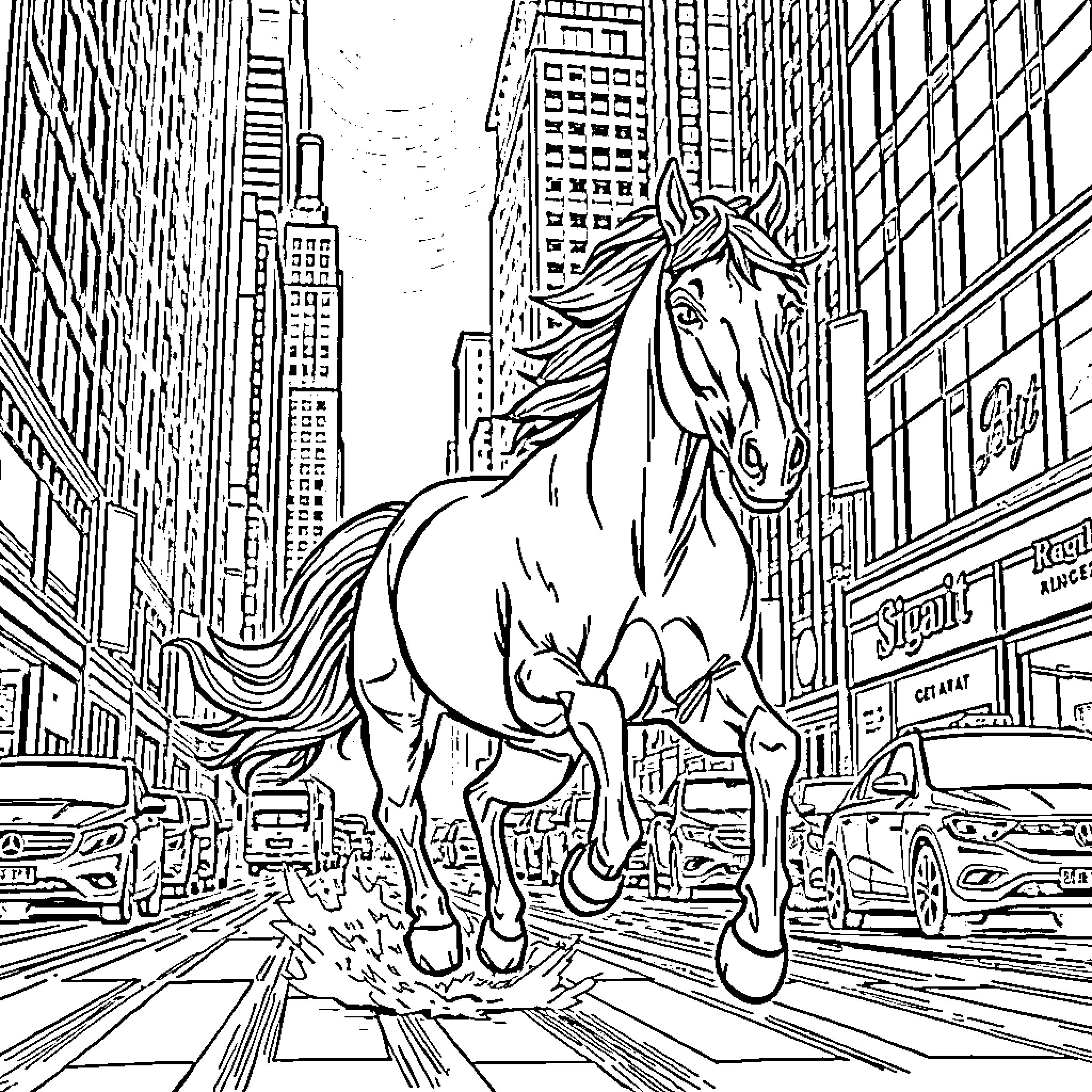 Spirit Gallops Through the City Streets Coloring Page (free black-and-white line drawing printable PDF for all, from beginners to advanced learners, including children, teens, adults, and seniors)