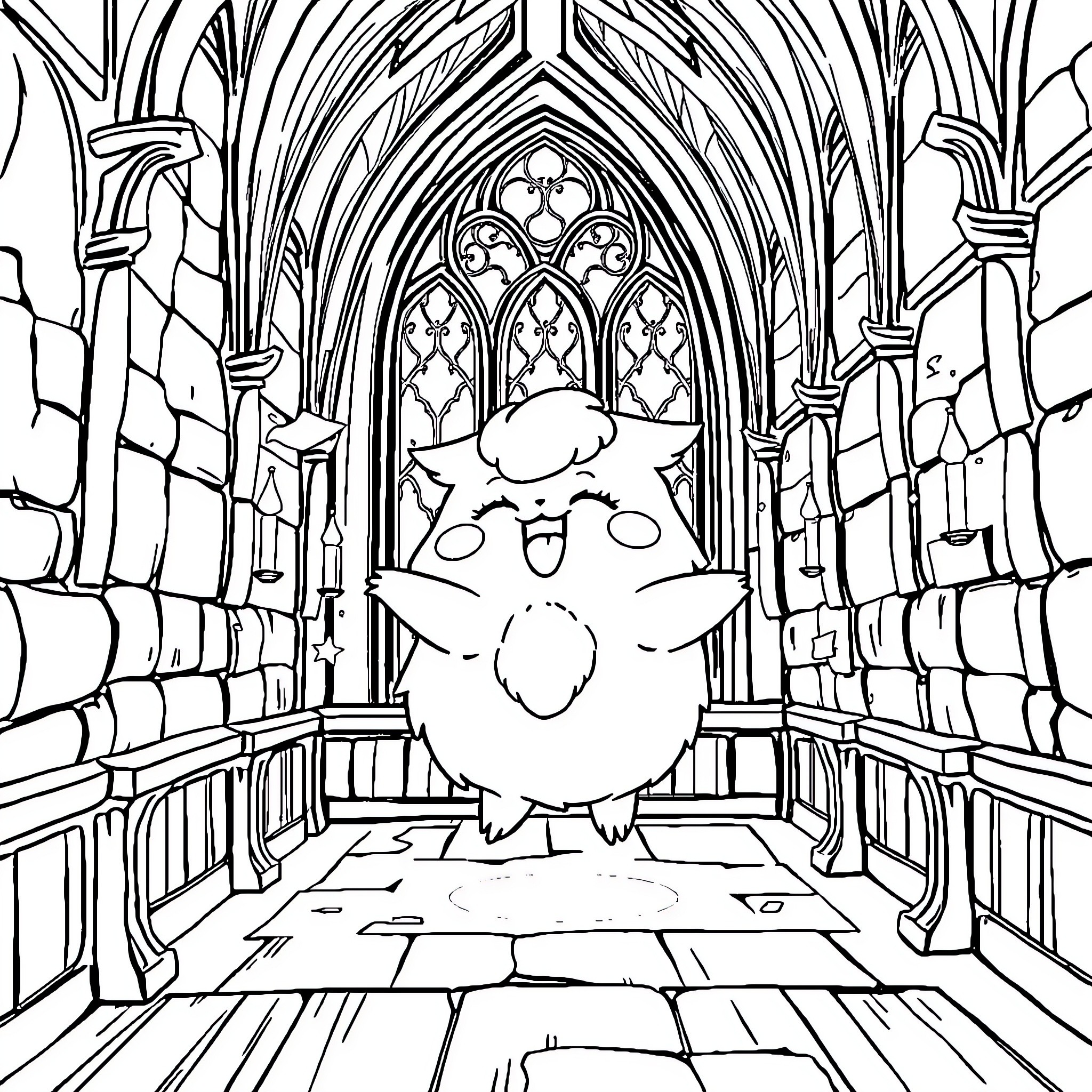 Jigglypuff singing in a grand cathedral Coloring Page (free black-and-white line drawing printable PDF for all, from beginners to advanced learners, including children, teens, adults, and seniors)