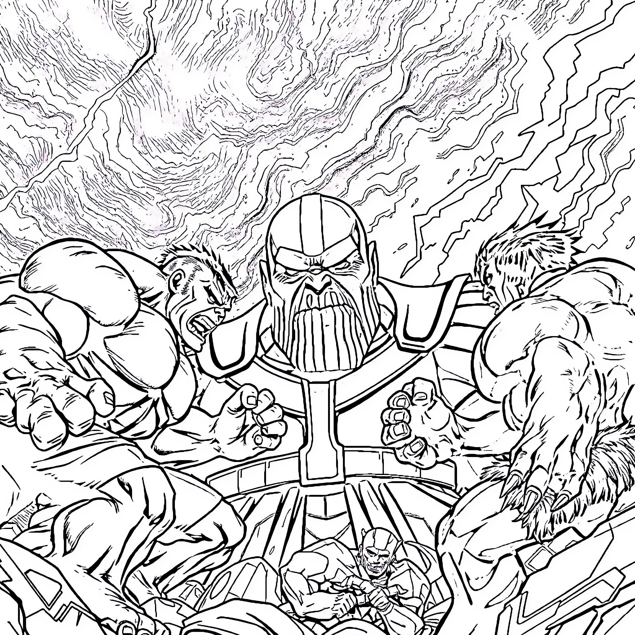Hulk Battles Mighty Villain in Epic Showdown Coloring Page (free black-and-white line drawing printable PDF for all, from beginners to advanced learners, including children, teens, adults, and seniors)