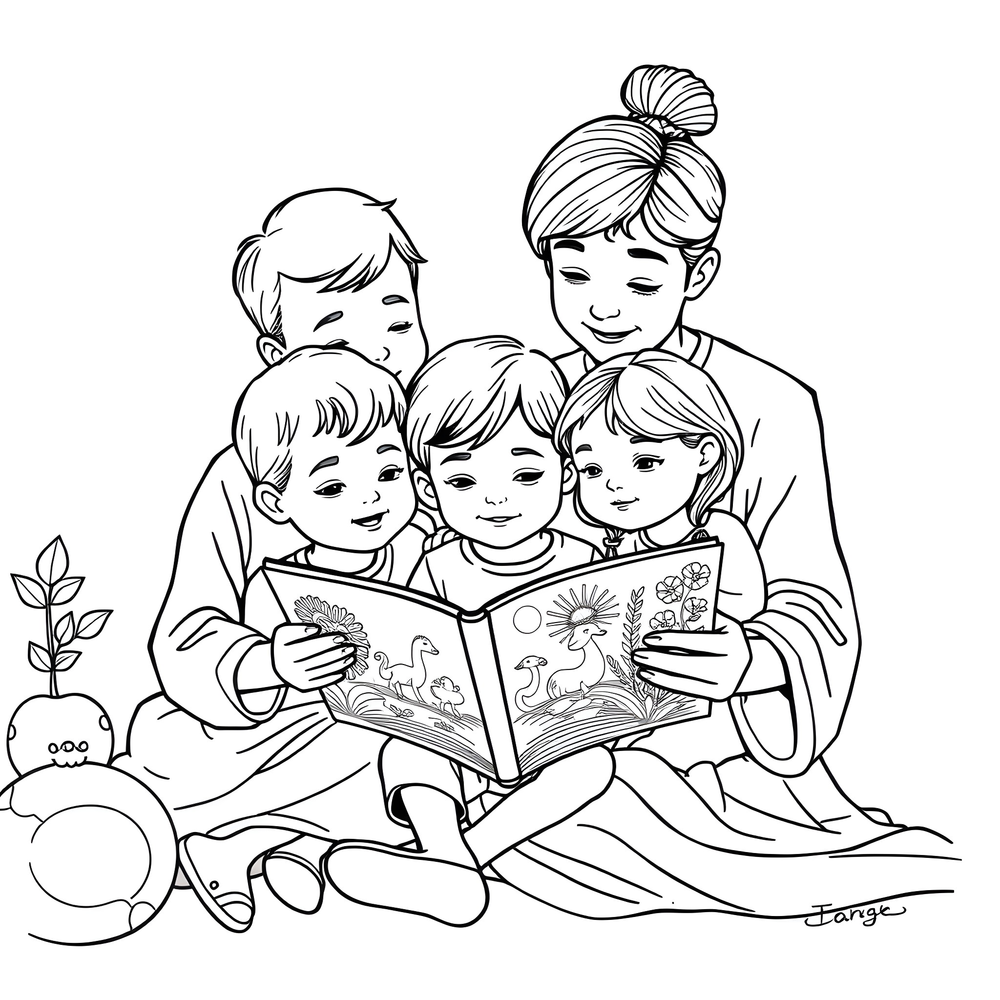 Family reading a storybook together Coloring Page (free black-and-white line drawing printable PDF for all, from beginners to advanced learners, including children, teens, adults, and seniors)