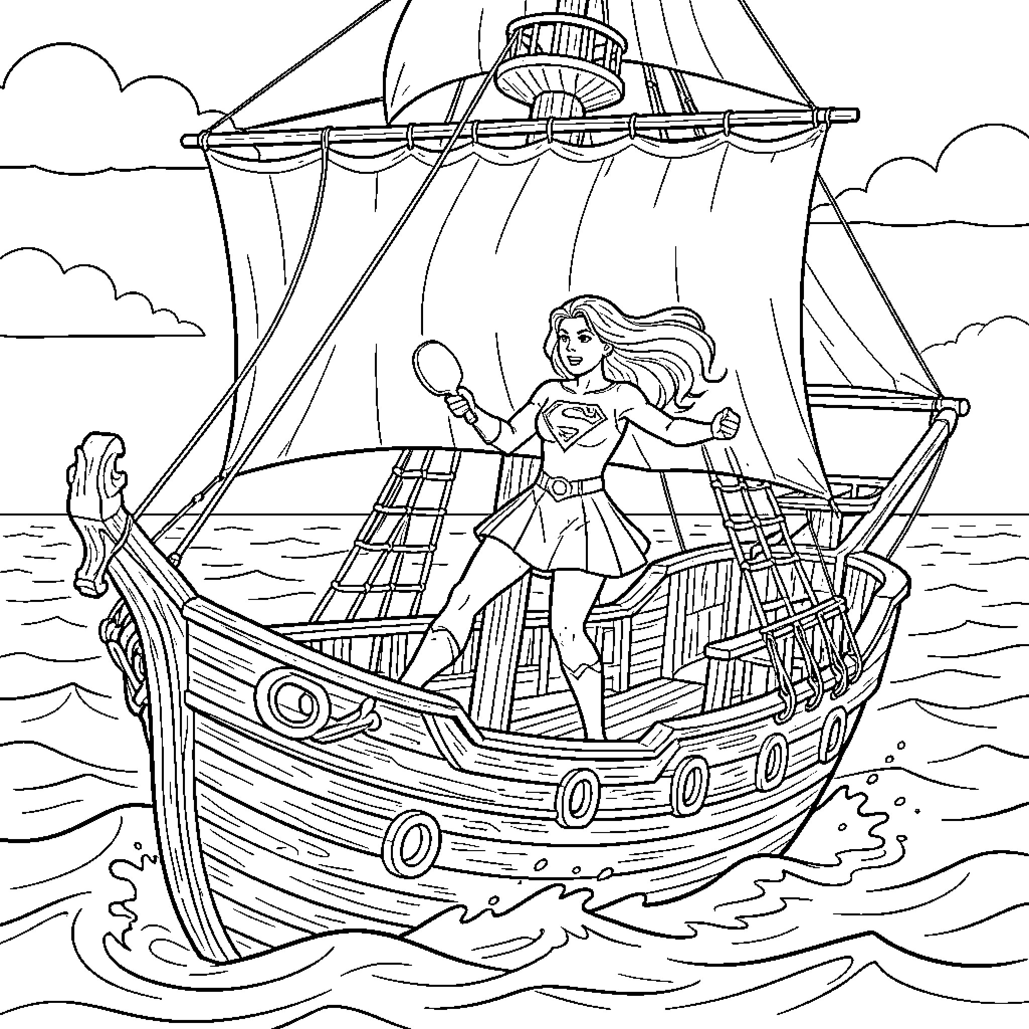 Supergirl standing heroically on a sailing ship deck Coloring Page (free black-and-white line drawing printable PDF for all, from beginners to advanced learners, including children, teens, adults, and seniors)