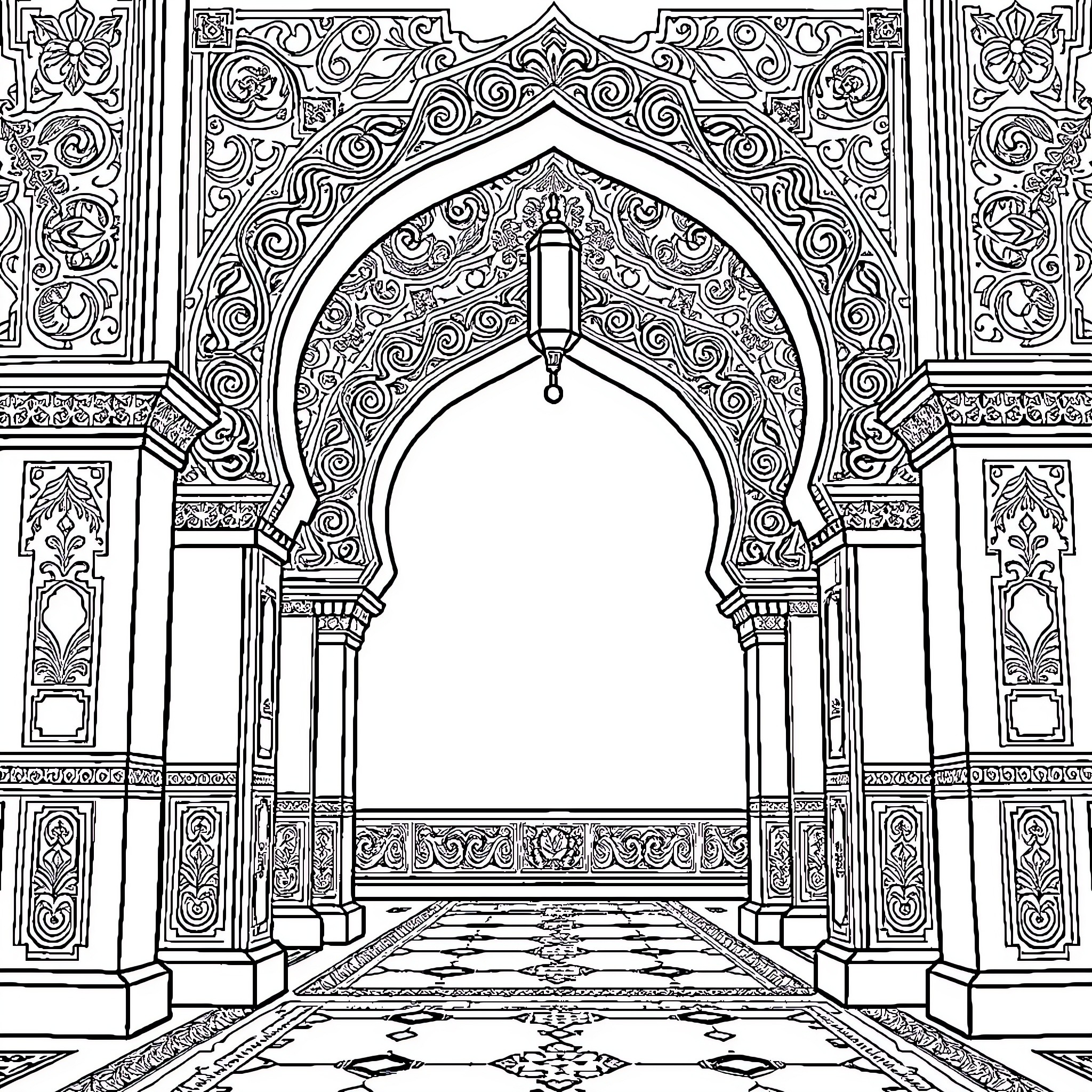 Archway of Intricate Architectural Patterns Coloring Page (free black-and-white line drawing printable PDF for all, from beginners to advanced learners, including children, teens, adults, and seniors)