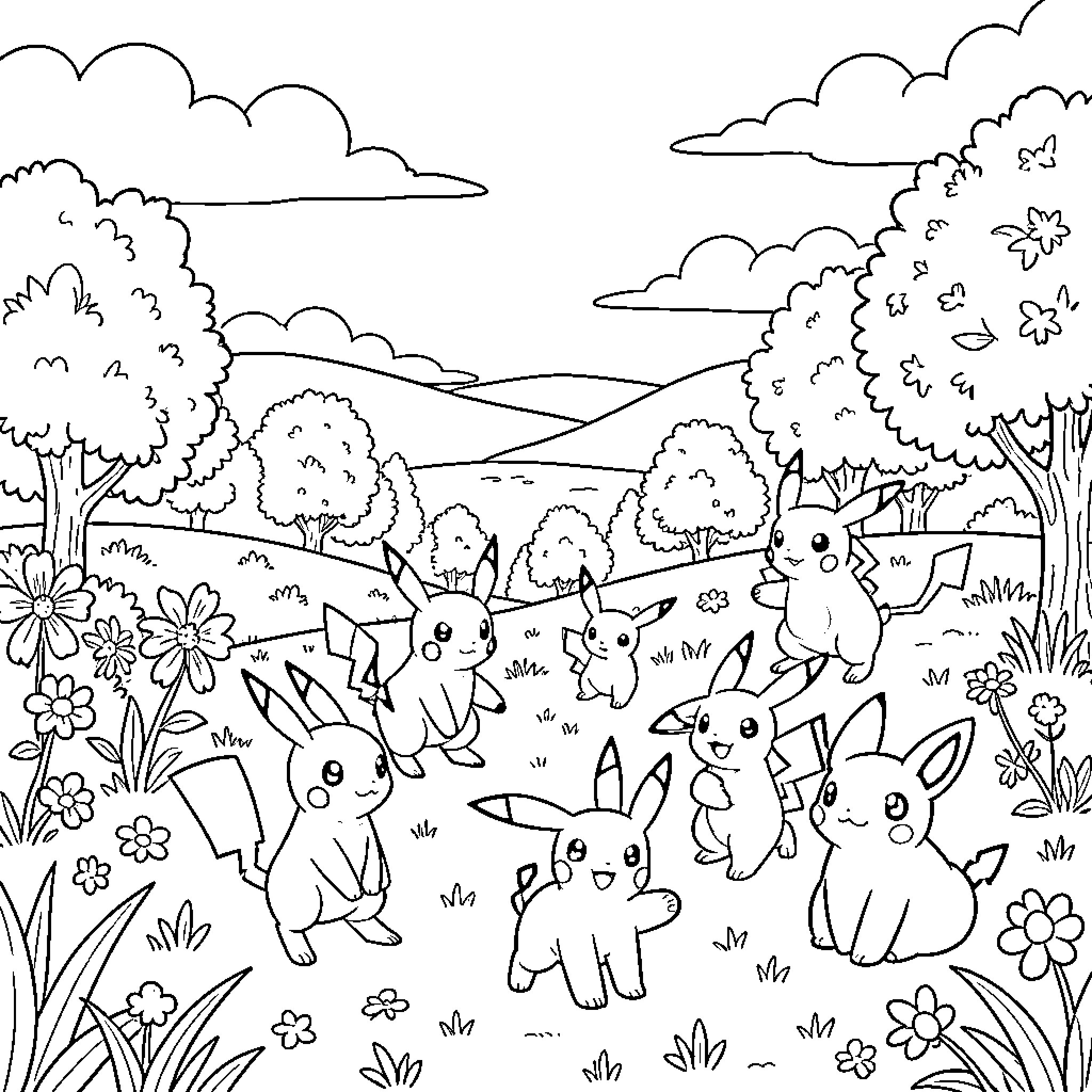 Pokémon playing joyfully in a scenic landscape Coloring Page (free black-and-white line drawing printable PDF for all, from beginners to advanced learners, including children, teens, adults, and seniors)