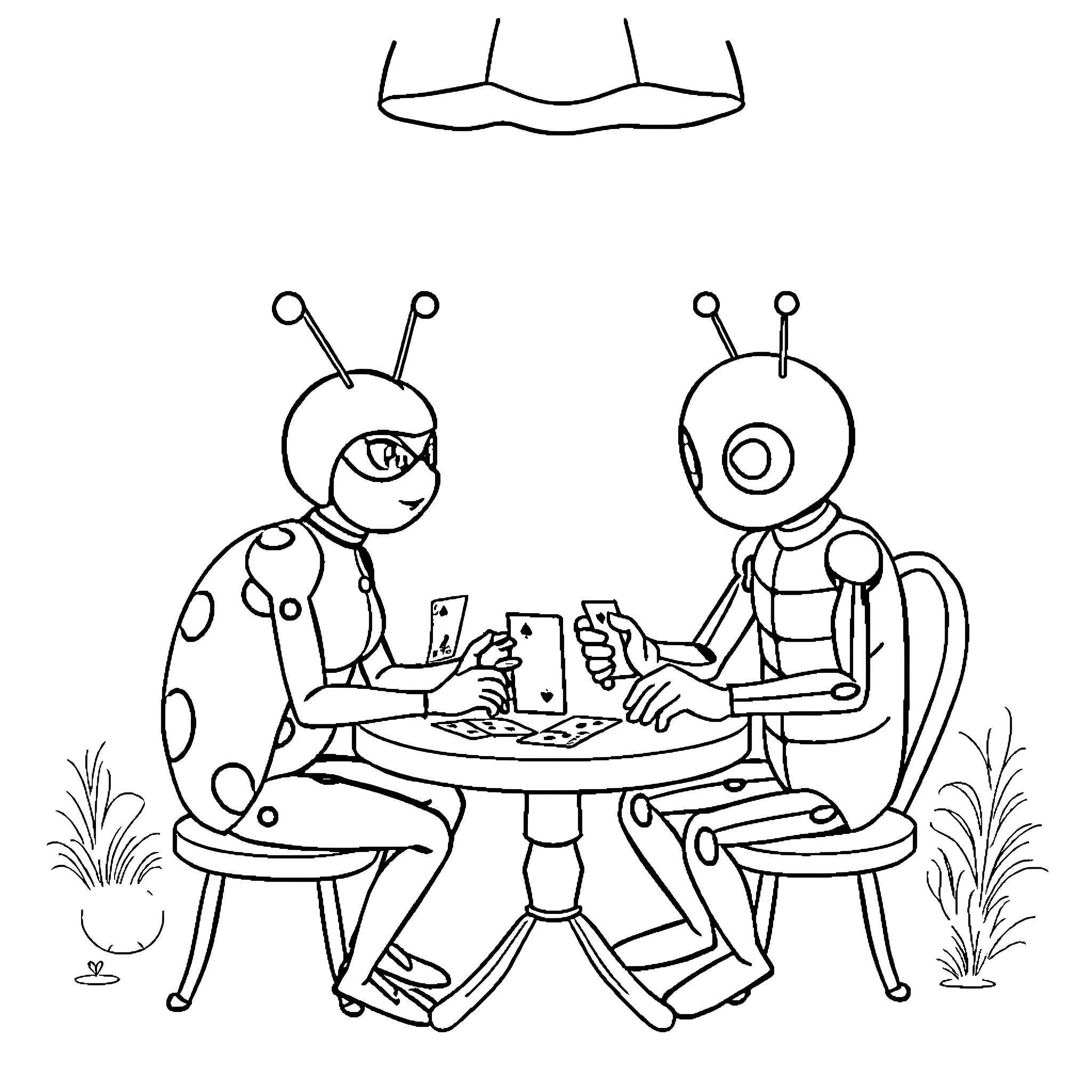 Ladybug friends playing cards together Coloring Page (free black-and-white line drawing printable PDF for all, from beginners to advanced learners, including children, teens, adults, and seniors)