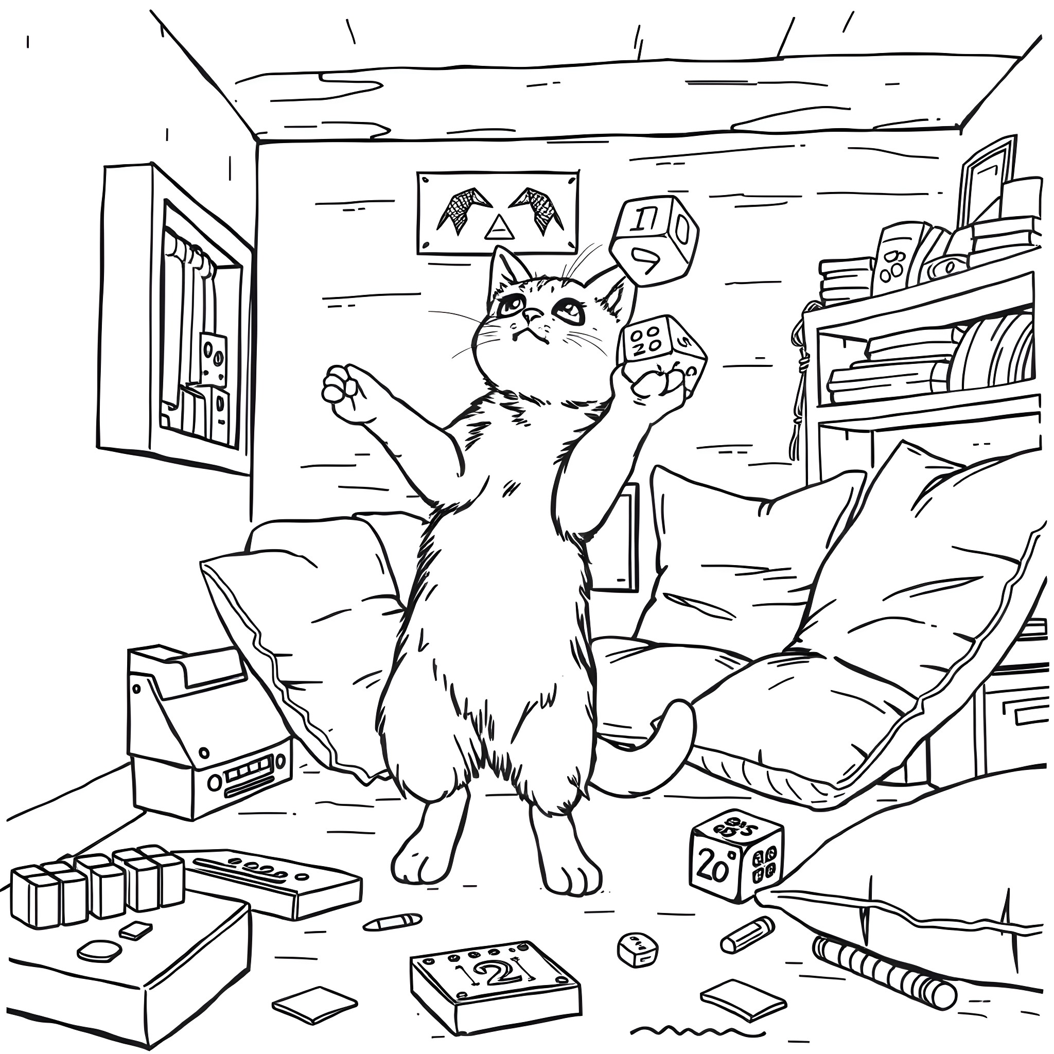 Cat playing in a messy room Coloring Page (free black-and-white line drawing printable PDF for all, from beginners to advanced learners, including children, teens, adults, and seniors)