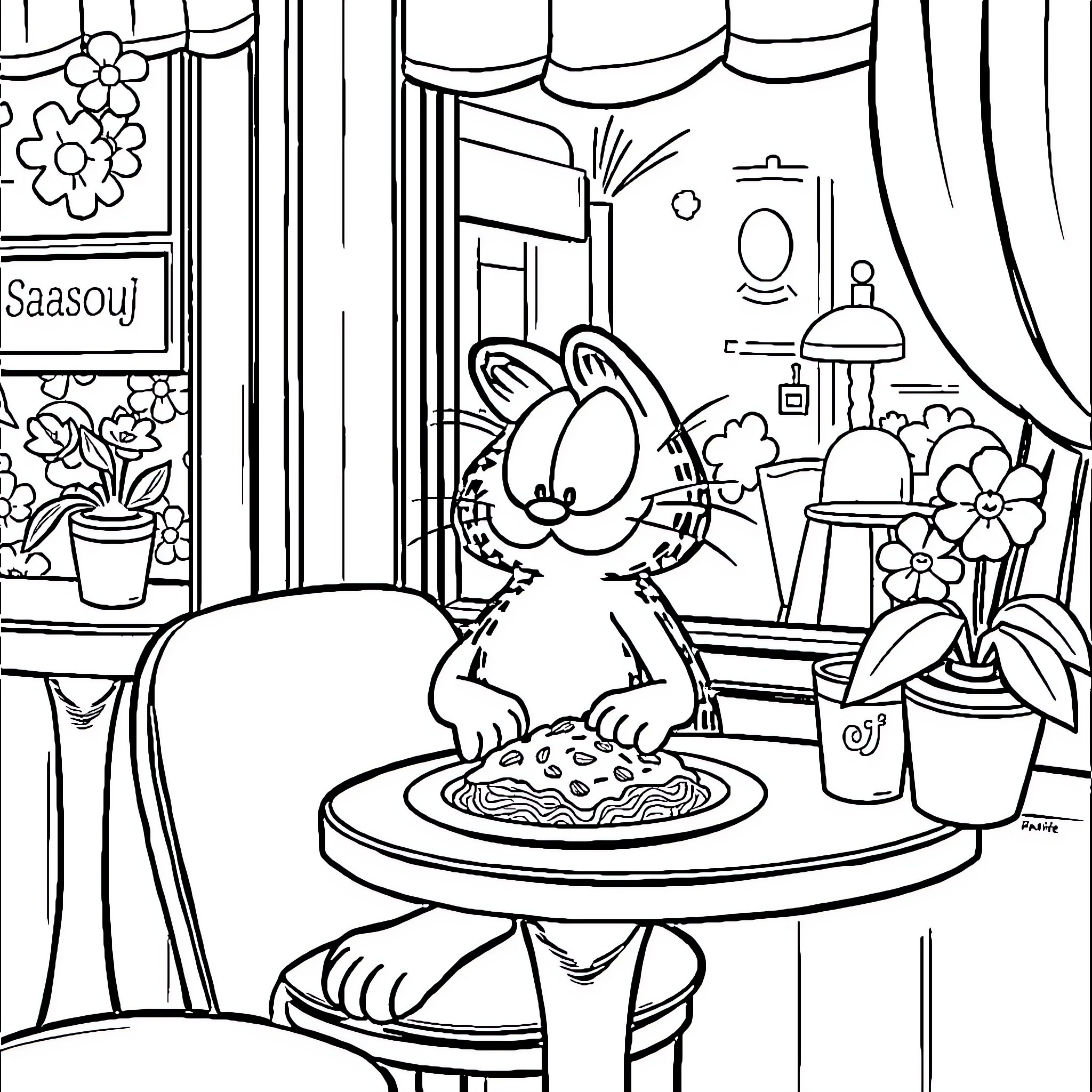 Garfield enjoying a tasty meal in the kitchen Coloring Page (free black-and-white line drawing printable PDF for all, from beginners to advanced learners, including children, teens, adults, and seniors)