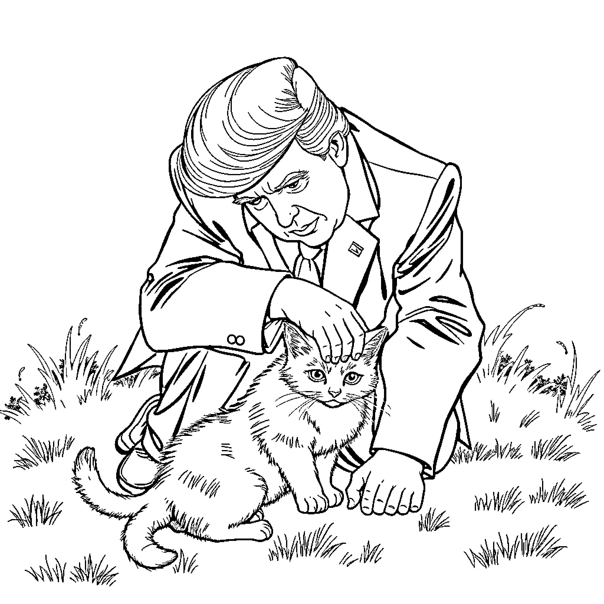 Donald Trump Petting a Kitten in a Grassy Field Coloring Page (free black-and-white line drawing printable PDF for all, from beginners to advanced learners, including children, teens, adults, and seniors)