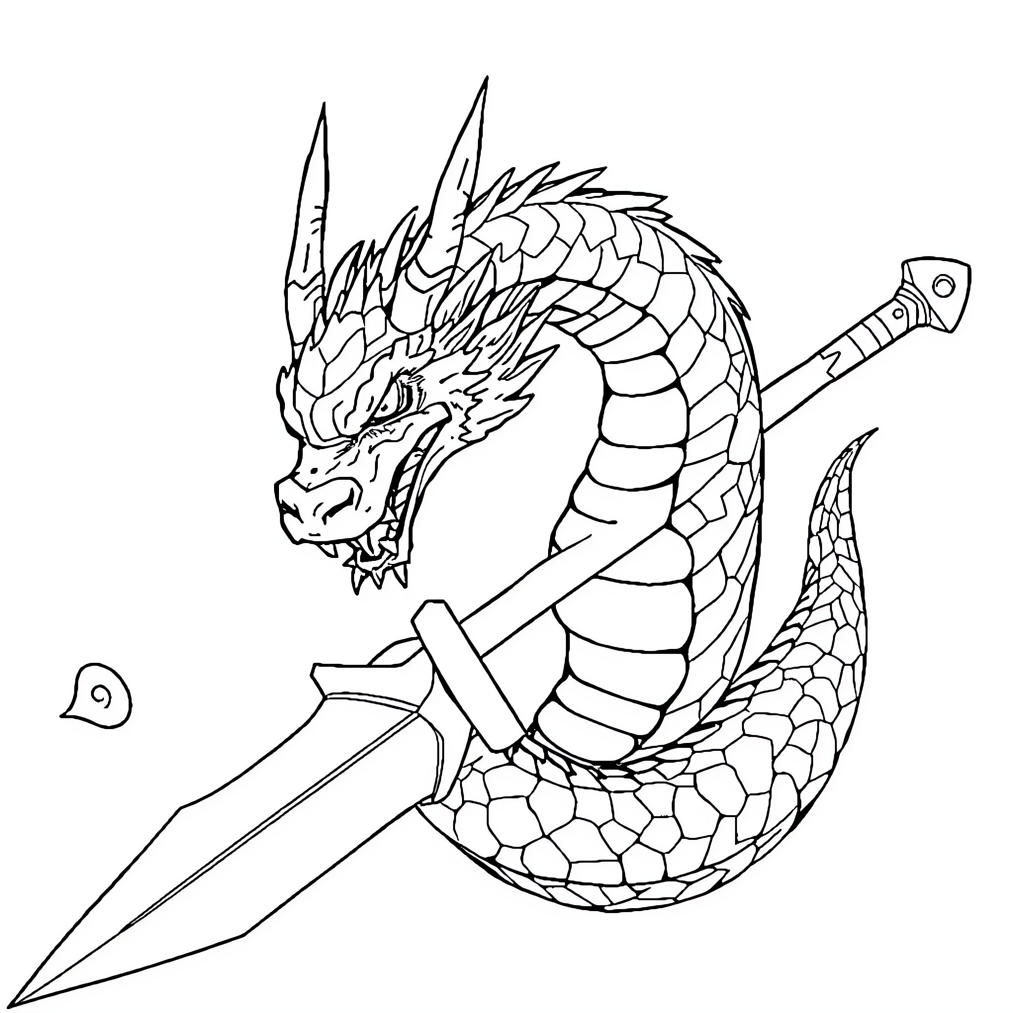 Dragon wielding a sword in combat Coloring Page (free black-and-white line drawing printable PDF for all, from beginners to advanced learners, including children, teens, adults, and seniors)