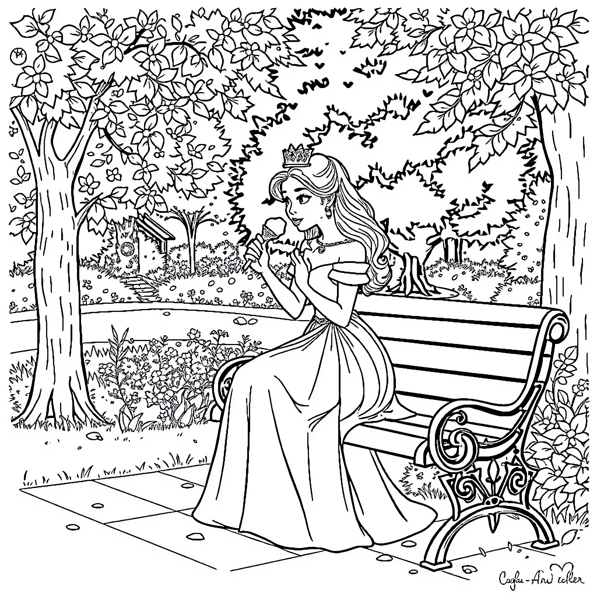 Princess contemplating in the enchanted garden Coloring Page (free black-and-white line drawing printable PDF for all, from beginners to advanced learners, including children, teens, adults, and seniors)