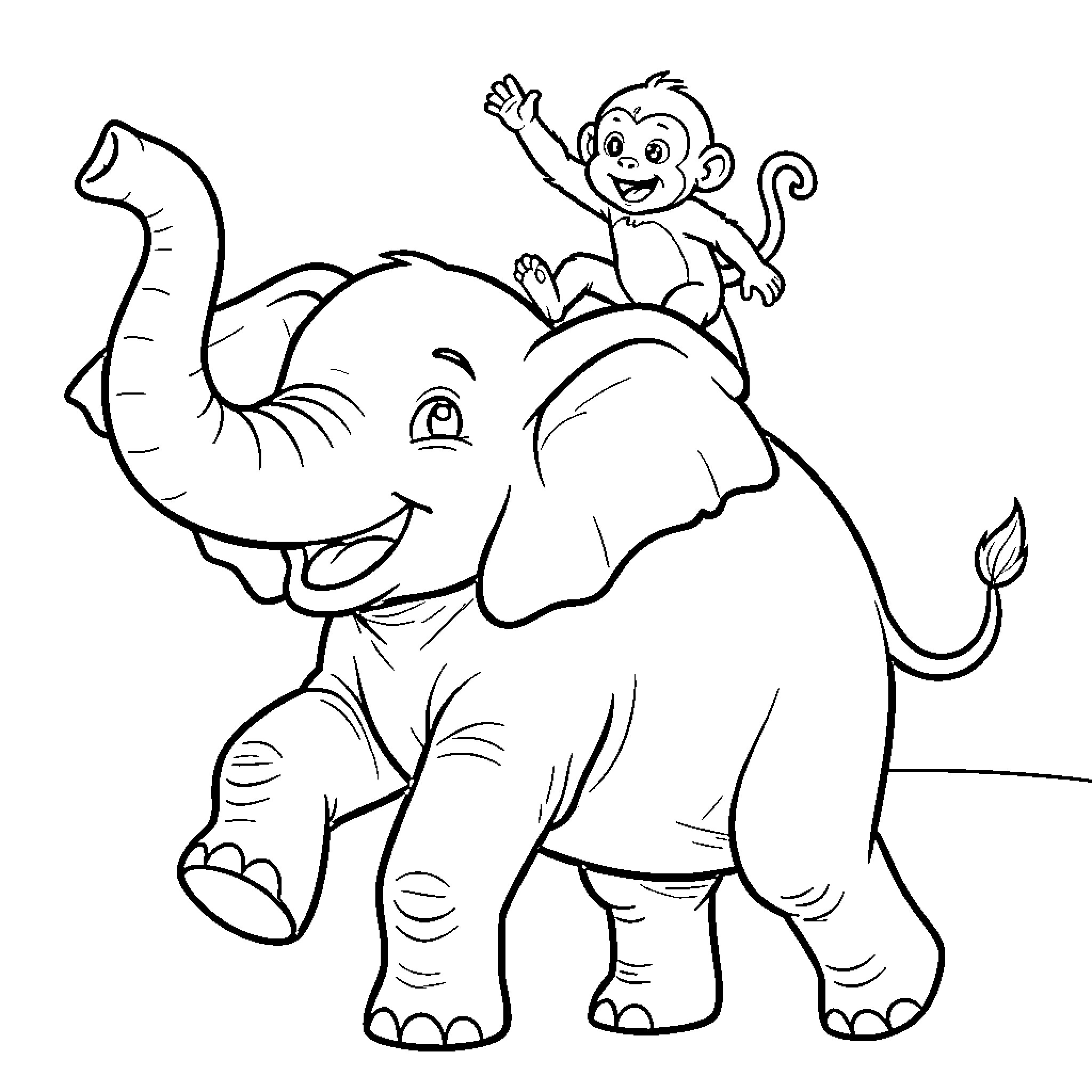 Elephant playing with cheerful monkey Coloring Page (free black-and-white line drawing printable PDF for all, from beginners to advanced learners, including children, teens, adults, and seniors)