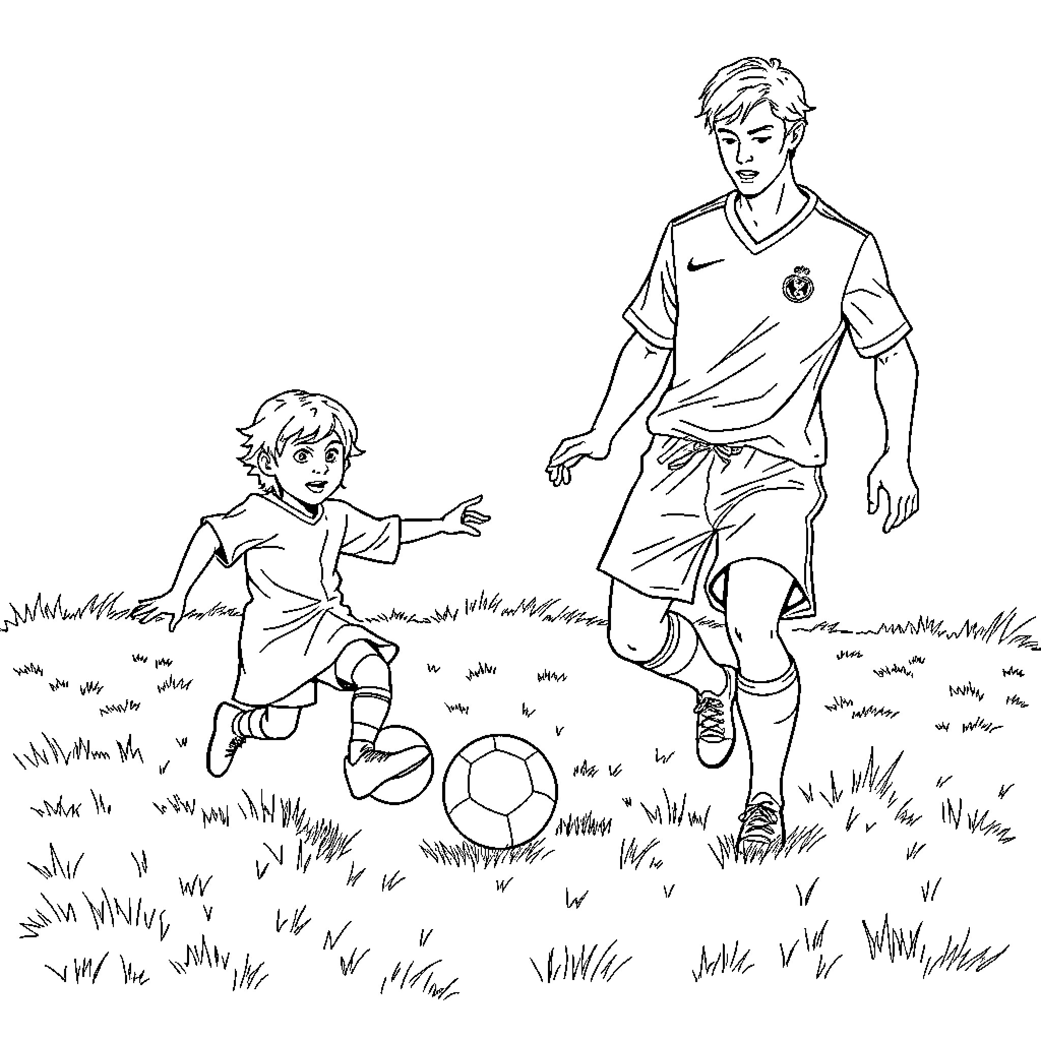 Frodo and friend playing soccer in the park Coloring Page (free black-and-white line drawing printable PDF for all, from beginners to advanced learners, including children, teens, adults, and seniors)