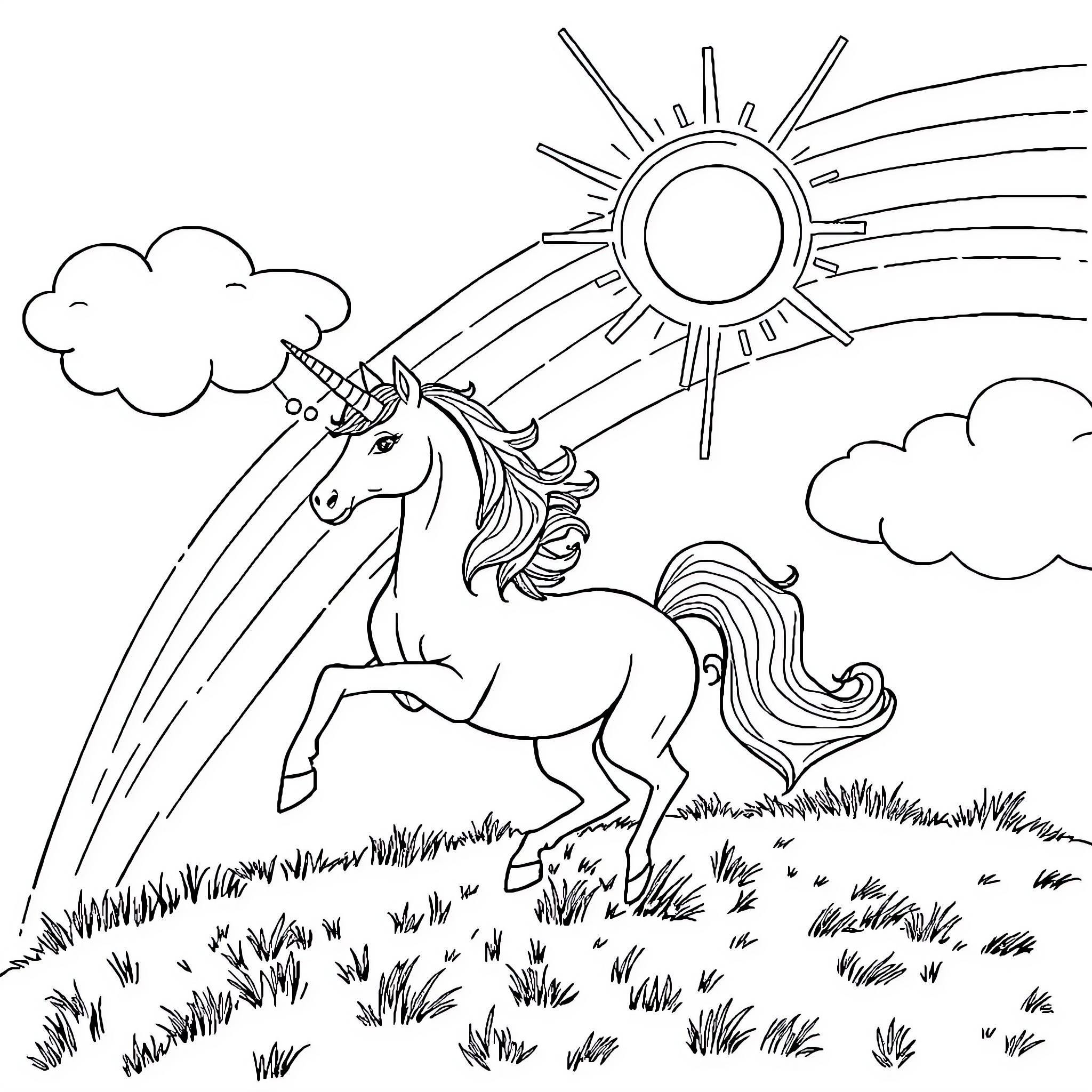Unicorn running through a magical meadow Coloring Page (free black-and-white line drawing printable PDF for all, from beginners to advanced learners, including children, teens, adults, and seniors)