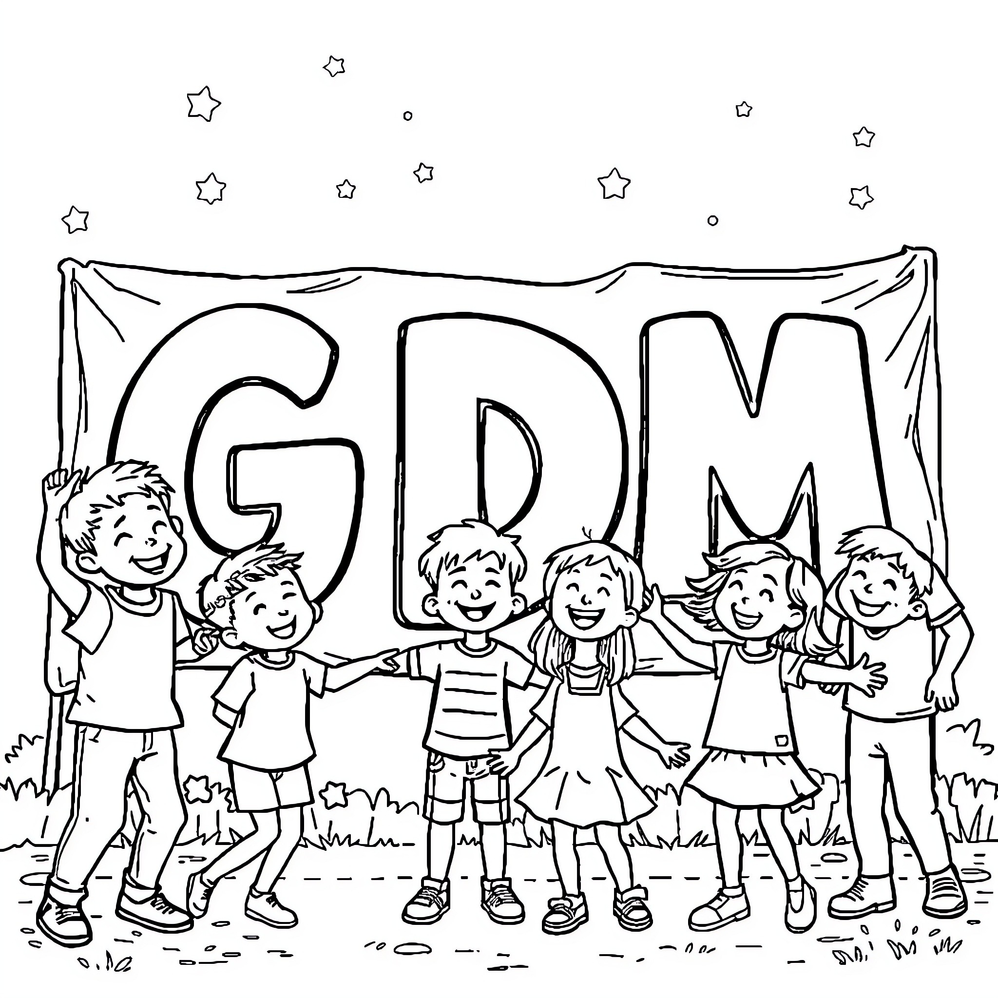 Children celebrating with a 'GDM' sign Coloring Page (free black-and-white line drawing printable PDF for all, from beginners to advanced learners, including children, teens, adults, and seniors)
