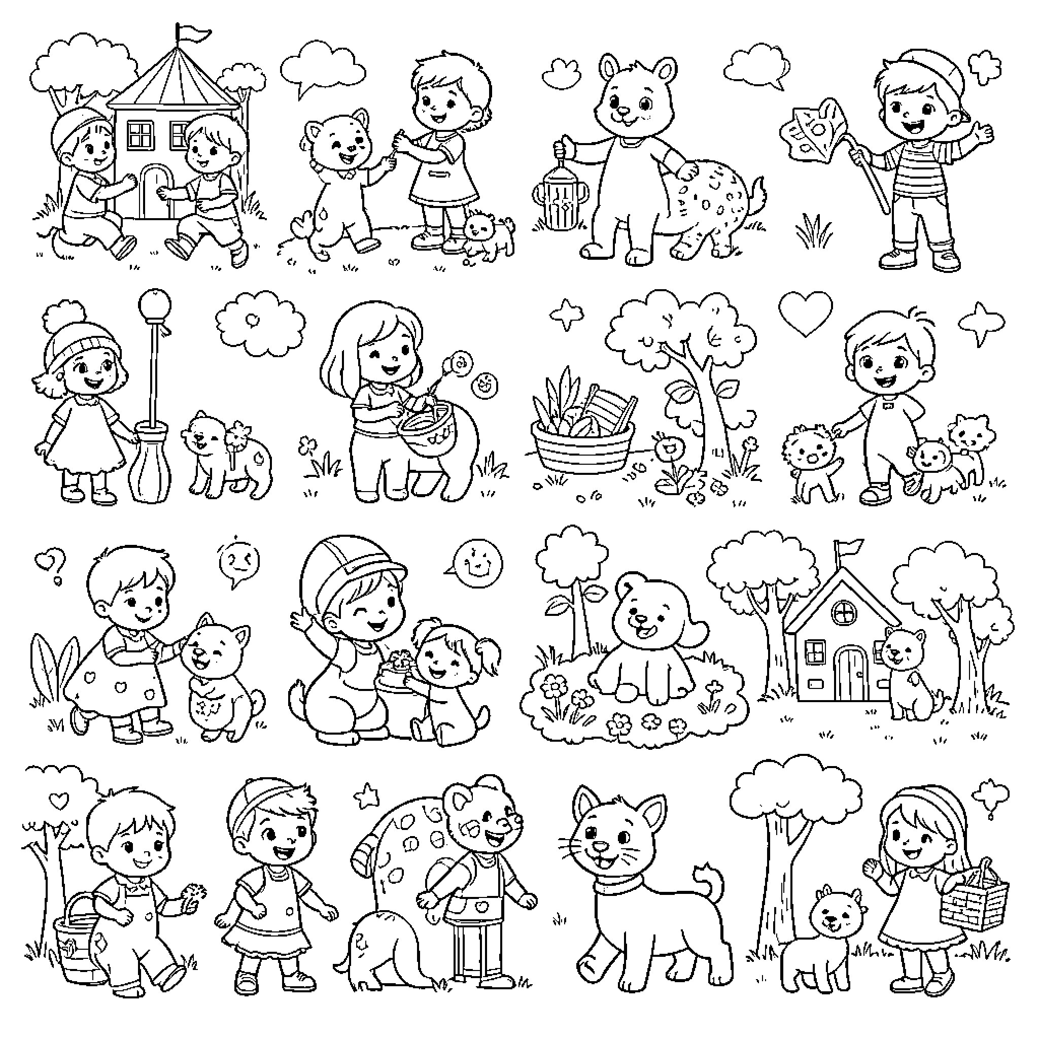 Image of children playing with various cute animals Coloring Page (free black-and-white line drawing printable PDF for all, from beginners to advanced learners, including children, teens, adults, and seniors)