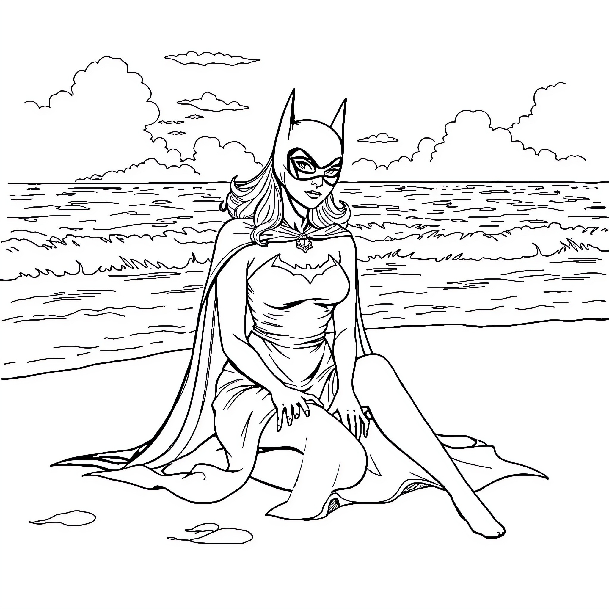 Batman Batgirl relaxing on the beach Coloring Page (free black-and-white line drawing printable PDF for all, from beginners to advanced learners, including children, teens, adults, and seniors)