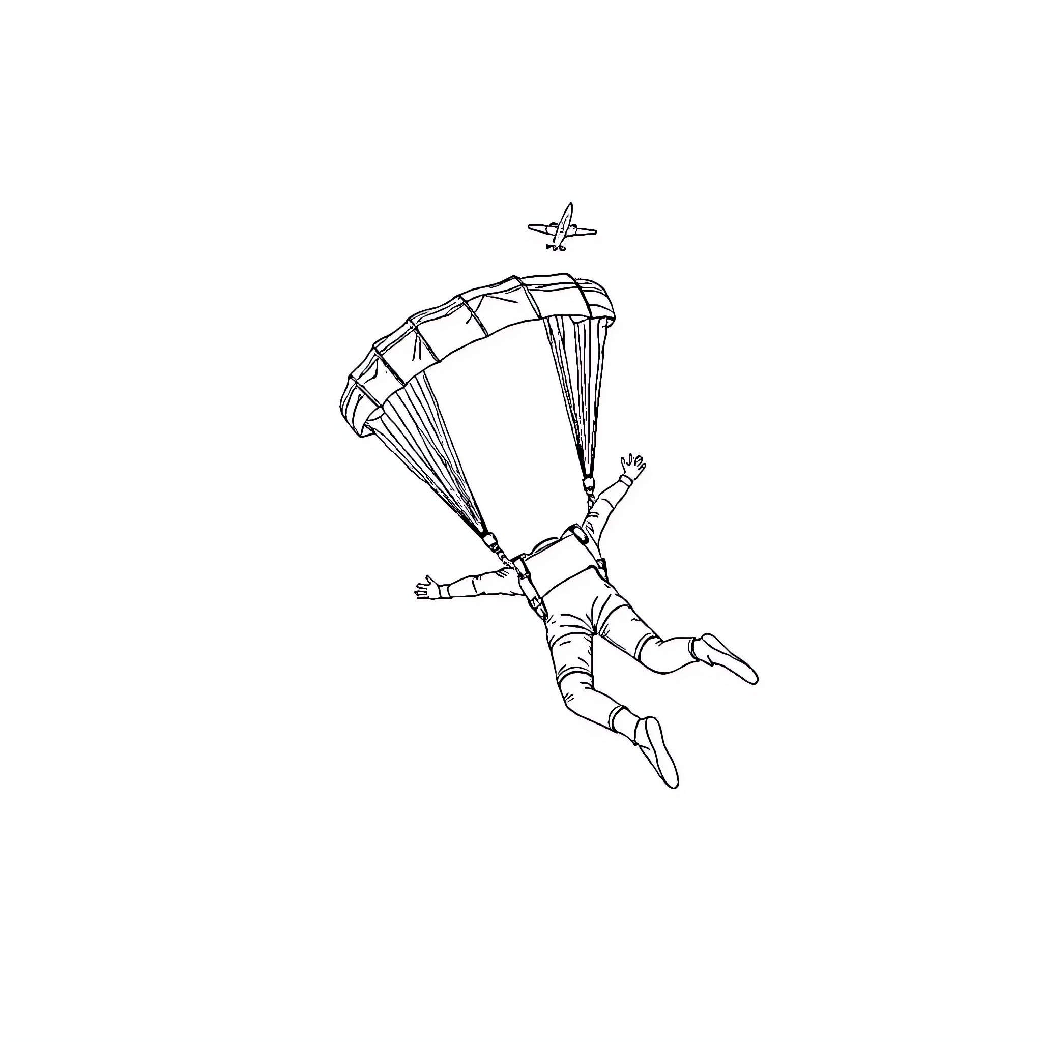 Skydiver performing aerial acrobatics Coloring Page (free black-and-white line drawing printable PDF for all, from beginners to advanced learners, including children, teens, adults, and seniors)