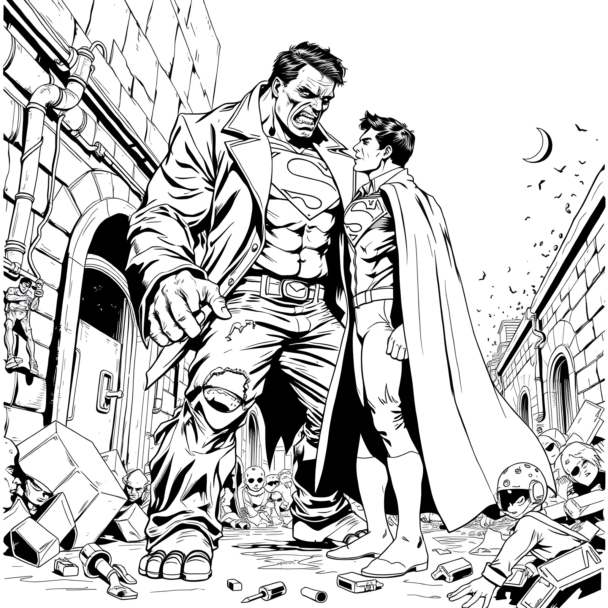 Zombie Hulk Confronts Heroic Protector in Urban Chaos Coloring Page (free black-and-white line drawing printable PDF for all, from beginners to advanced learners, including children, teens, adults, and seniors)