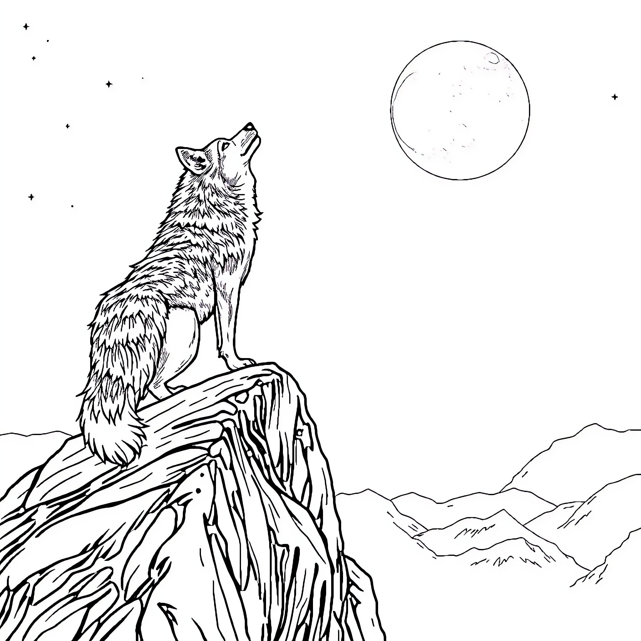 Wolf howling at the moon in the mountains Coloring Page (free black-and-white line drawing printable PDF for all, from beginners to advanced learners, including children, teens, adults, and seniors)