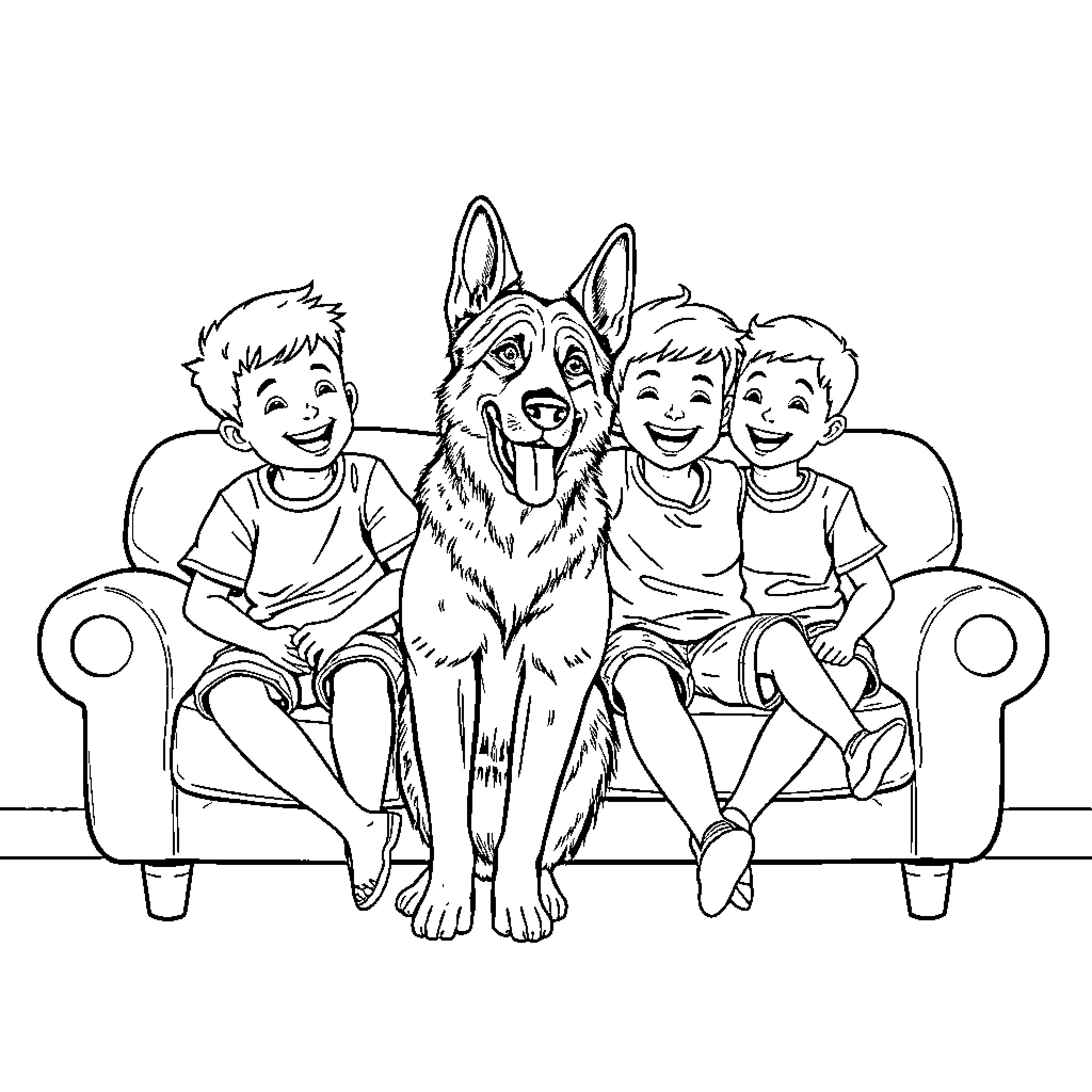 Boy and siblings enjoying time with their loyal dog Coloring Page (free black-and-white line drawing printable PDF for all, from beginners to advanced learners, including children, teens, adults, and seniors)