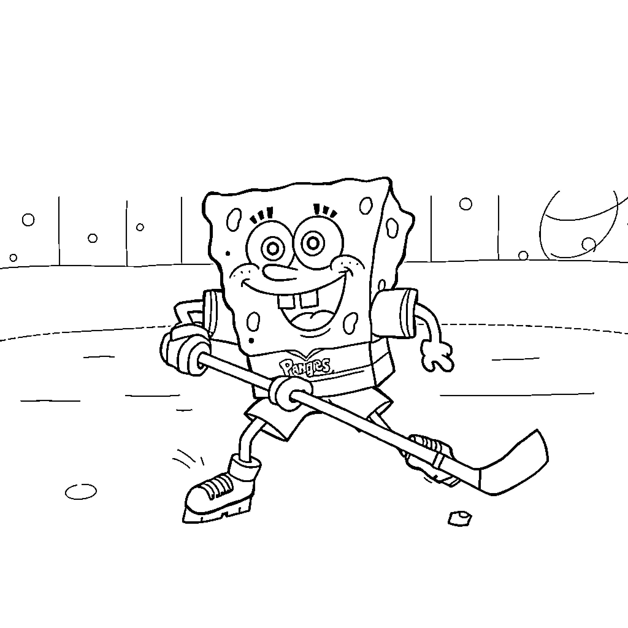 Patrick playing hockey on the ice rink Coloring Page (free black-and-white line drawing printable PDF for all, from beginners to advanced learners, including children, teens, adults, and seniors)