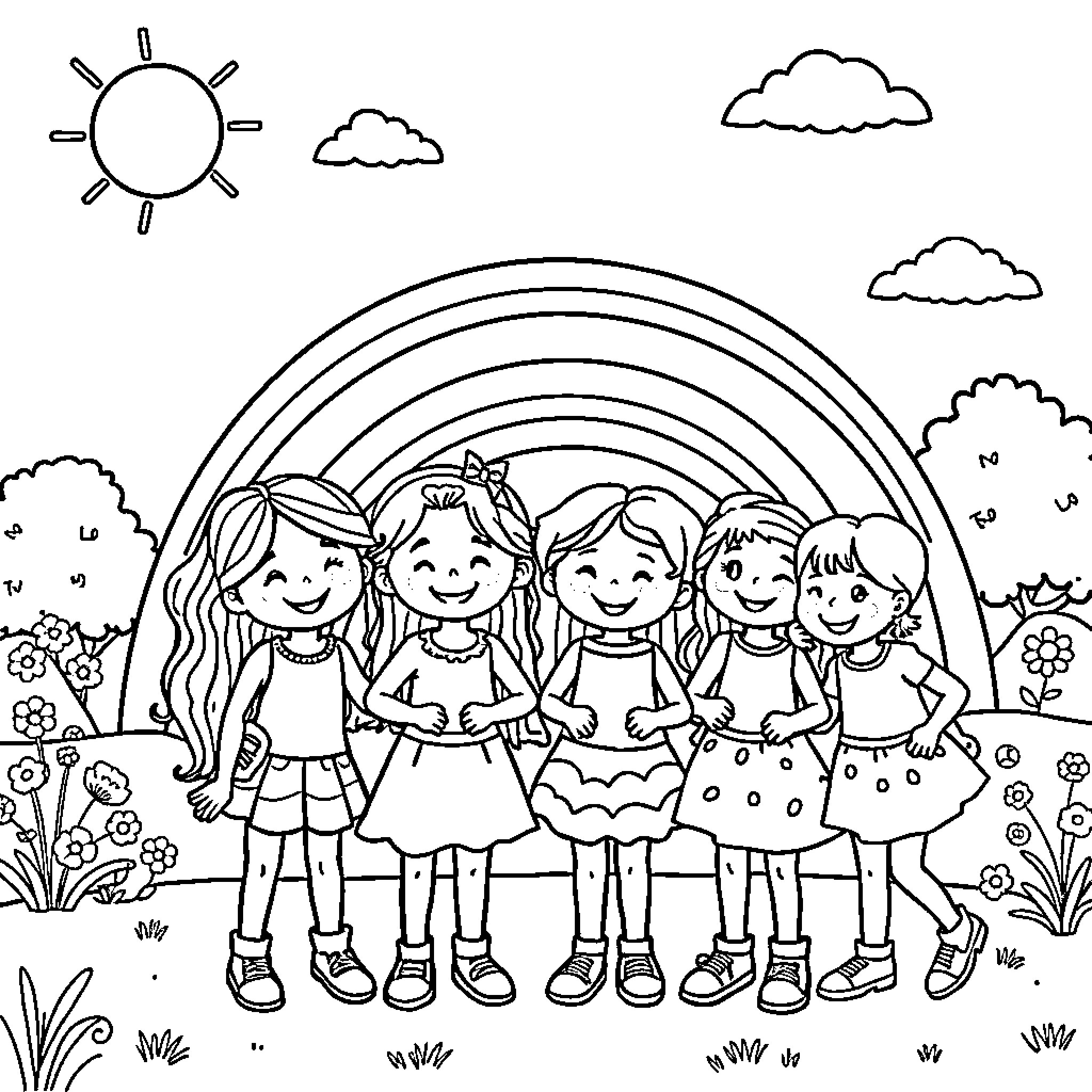 Rainbow Friend's Joyful Gathering in Nature's Embrace Coloring Page (free black-and-white line drawing printable PDF for all, from beginners to advanced learners, including children, teens, adults, and seniors)