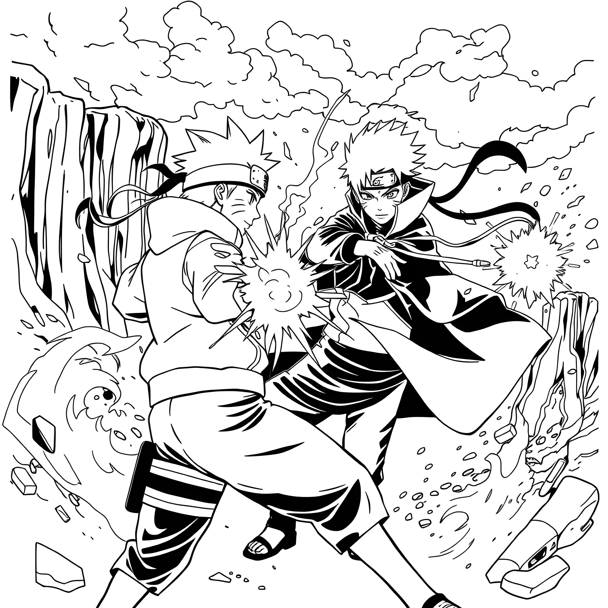 Naruto and Sasuke in an intense battle Coloring Page (free black-and-white line drawing printable PDF for all, from beginners to advanced learners, including children, teens, adults, and seniors)