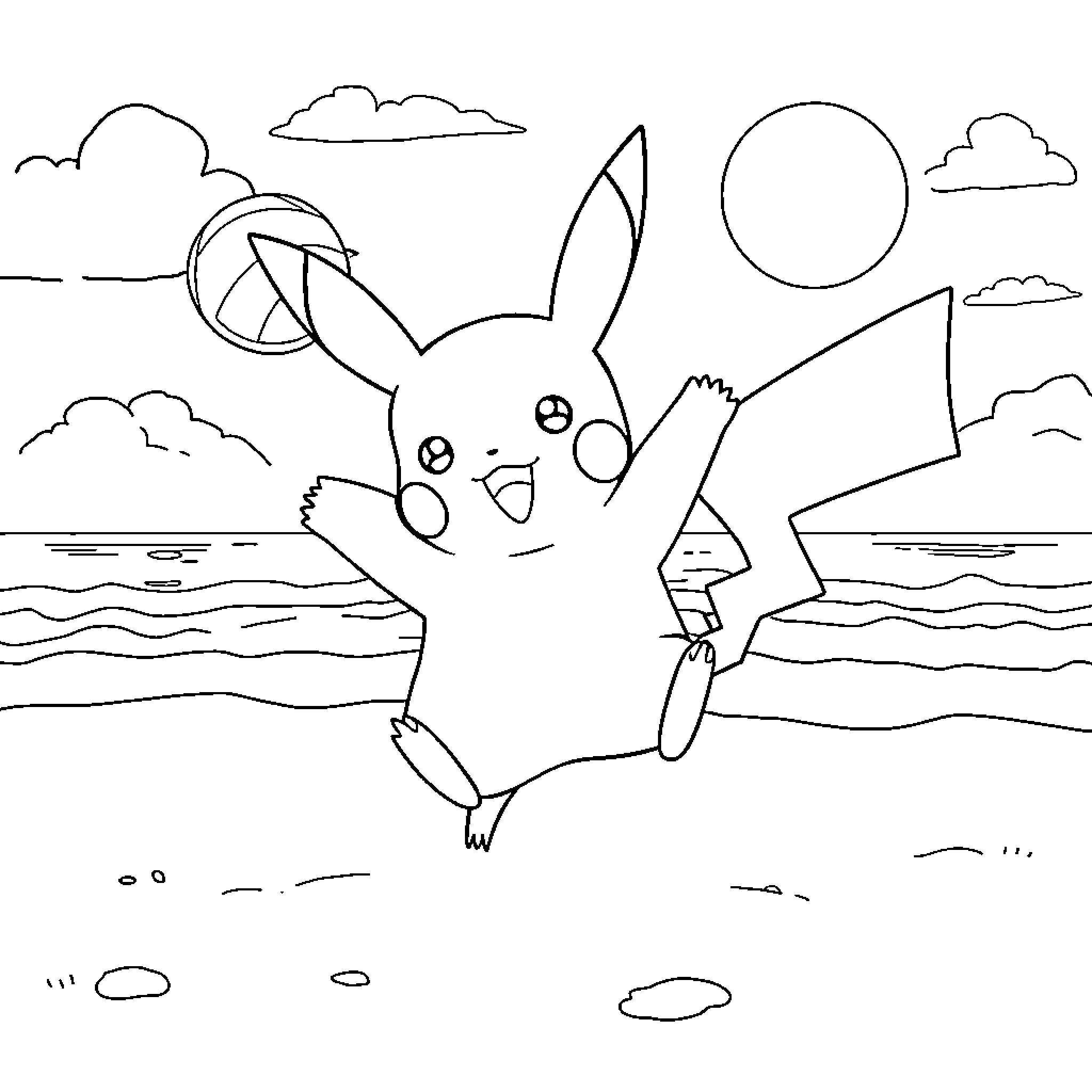 Pikachu enjoying the beach with a beach ball Coloring Page (free black-and-white line drawing printable PDF for all, from beginners to advanced learners, including children, teens, adults, and seniors)