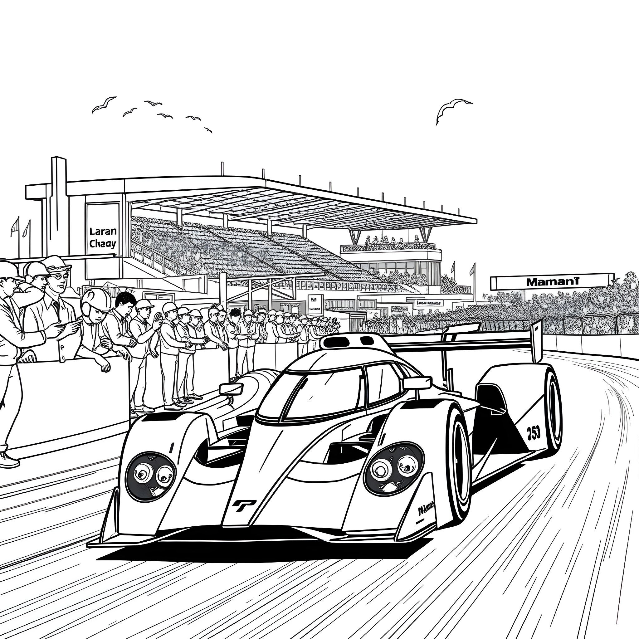 McLaren F1 racing in front of cheering crowd Coloring Page (free black-and-white line drawing printable PDF for all, from beginners to advanced learners, including children, teens, adults, and seniors)