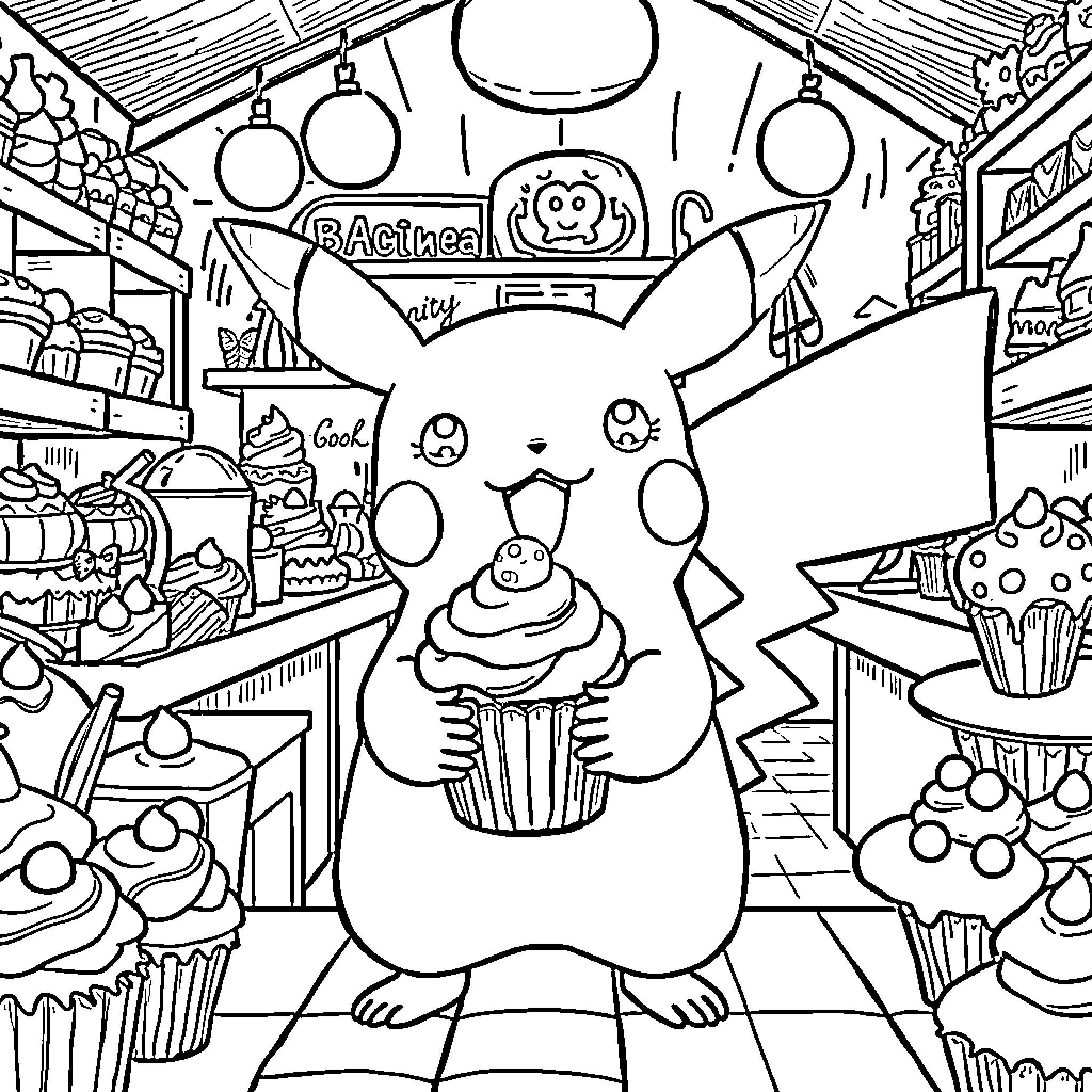 Pikachu exploring a colorful bakery Coloring Page (free black-and-white line drawing printable PDF for all, from beginners to advanced learners, including children, teens, adults, and seniors)